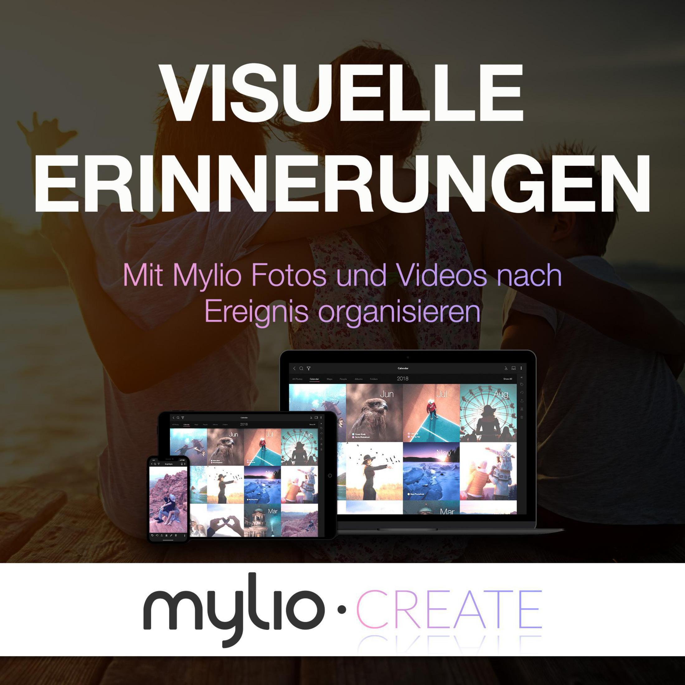 Ludzie patrzą na ekrany z obrazami. Tekst mówi "Wizualne wspomnienia" i "Organizuj zdjęcia".