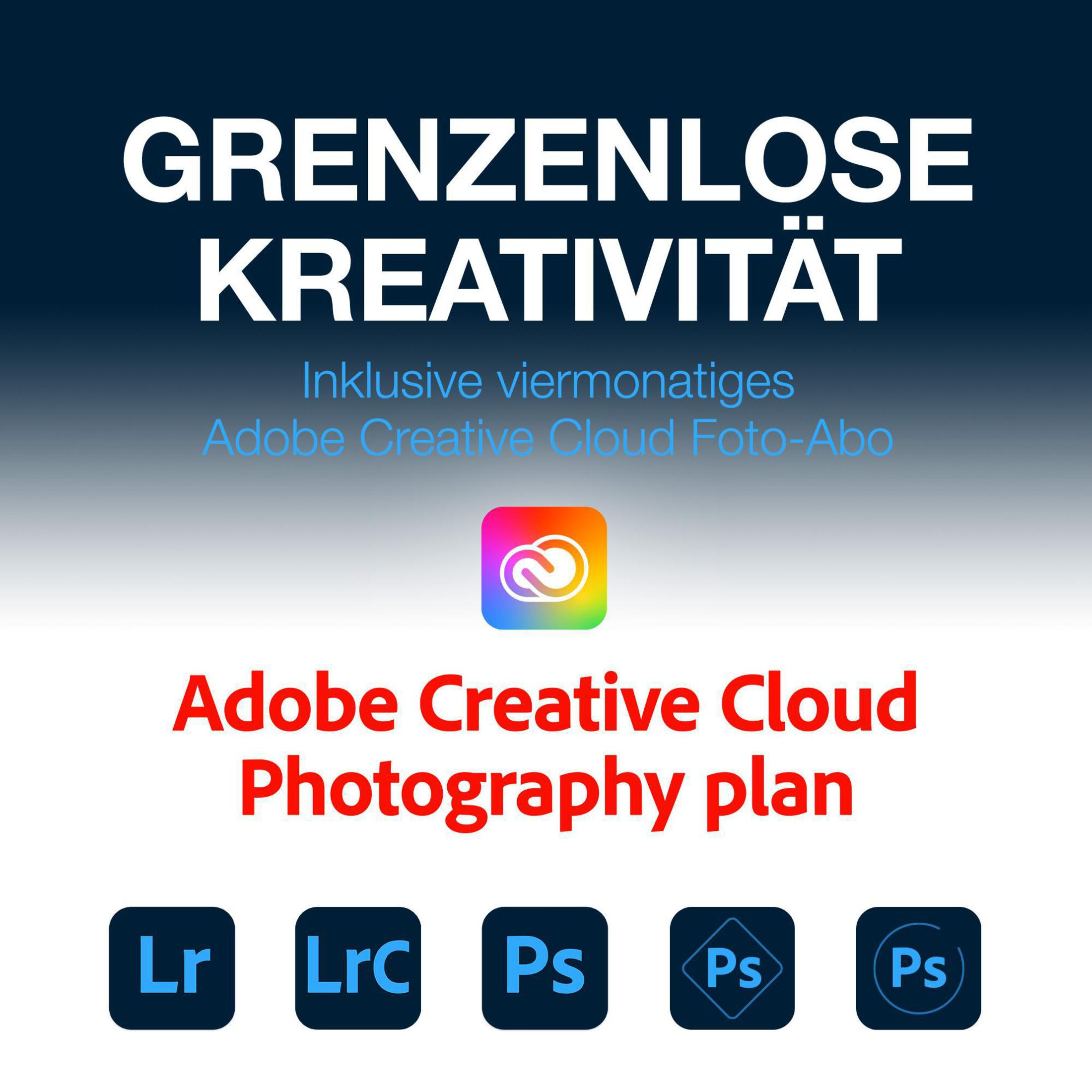 Tekst o planie Adobe Creative Cloud Photography z logo i ikonami. Ciemnoniebieskie tło.