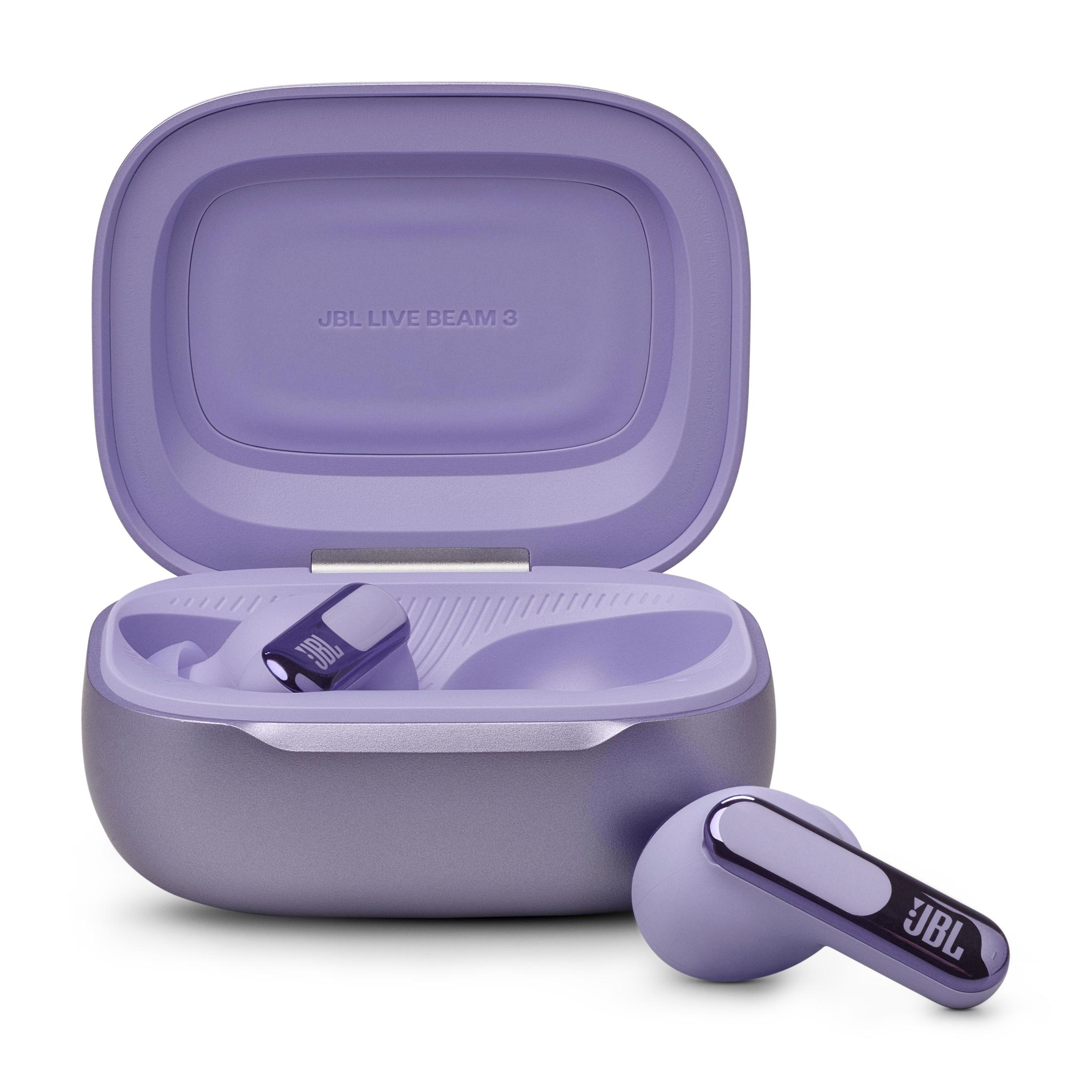 Auricolari wireless viola e custodia di ricarica. La custodia è aperta, mostrando gli auricolari.