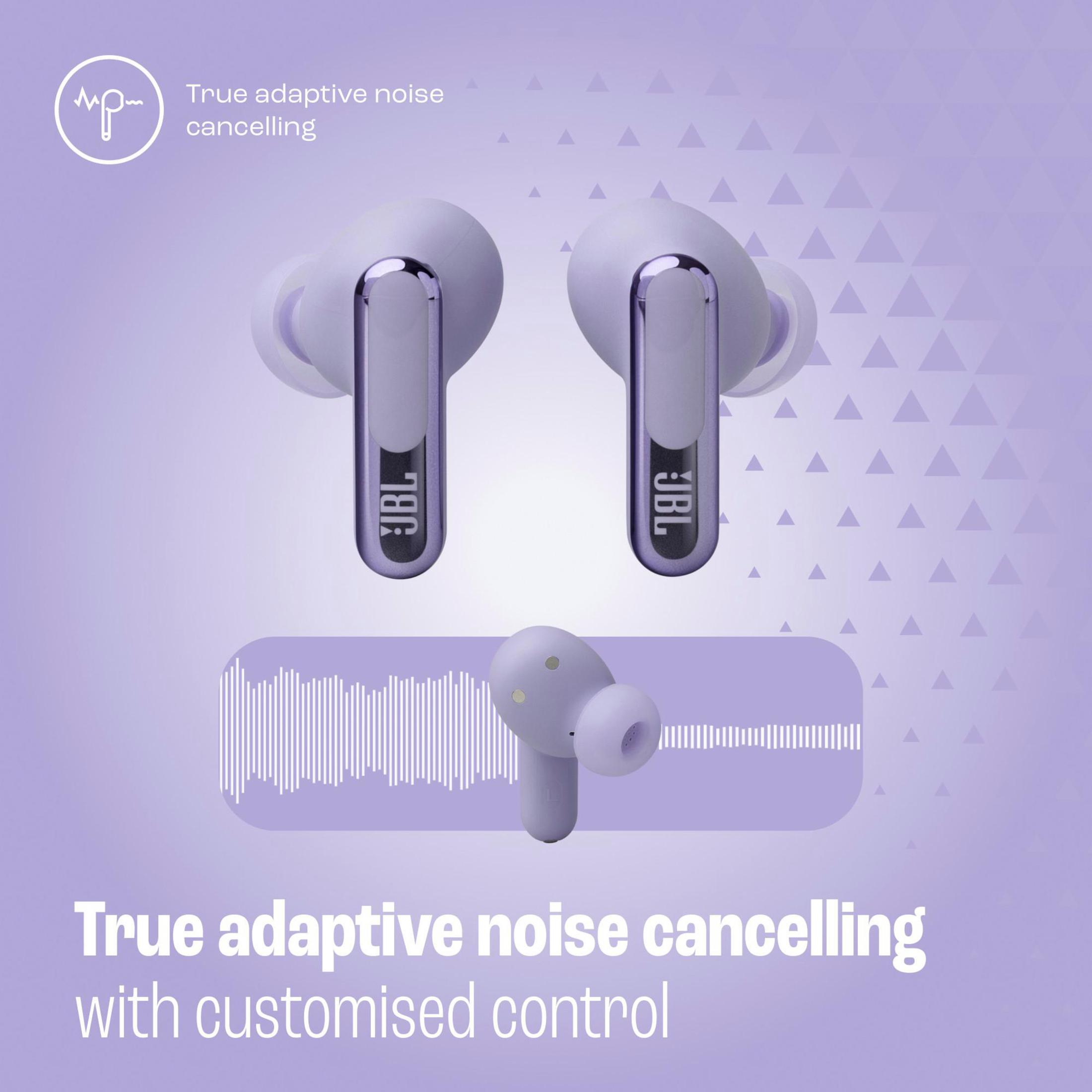 Auricolari JBL viola, con custodia di ricarica. Testo: 'True adaptive noise cancelling'.