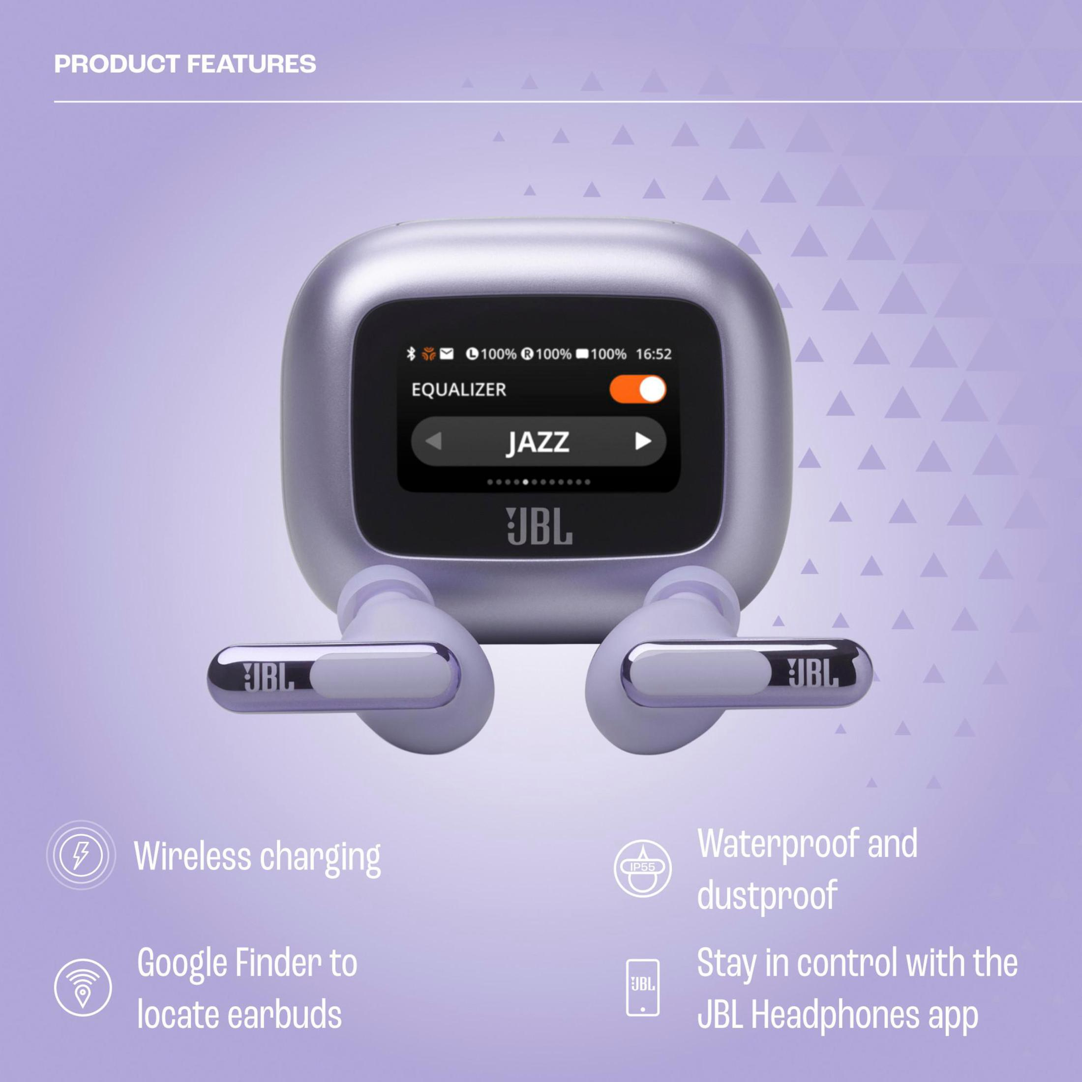 Display di auricolari viola con impostazioni dell'equalizzatore e testo "JAZZ".