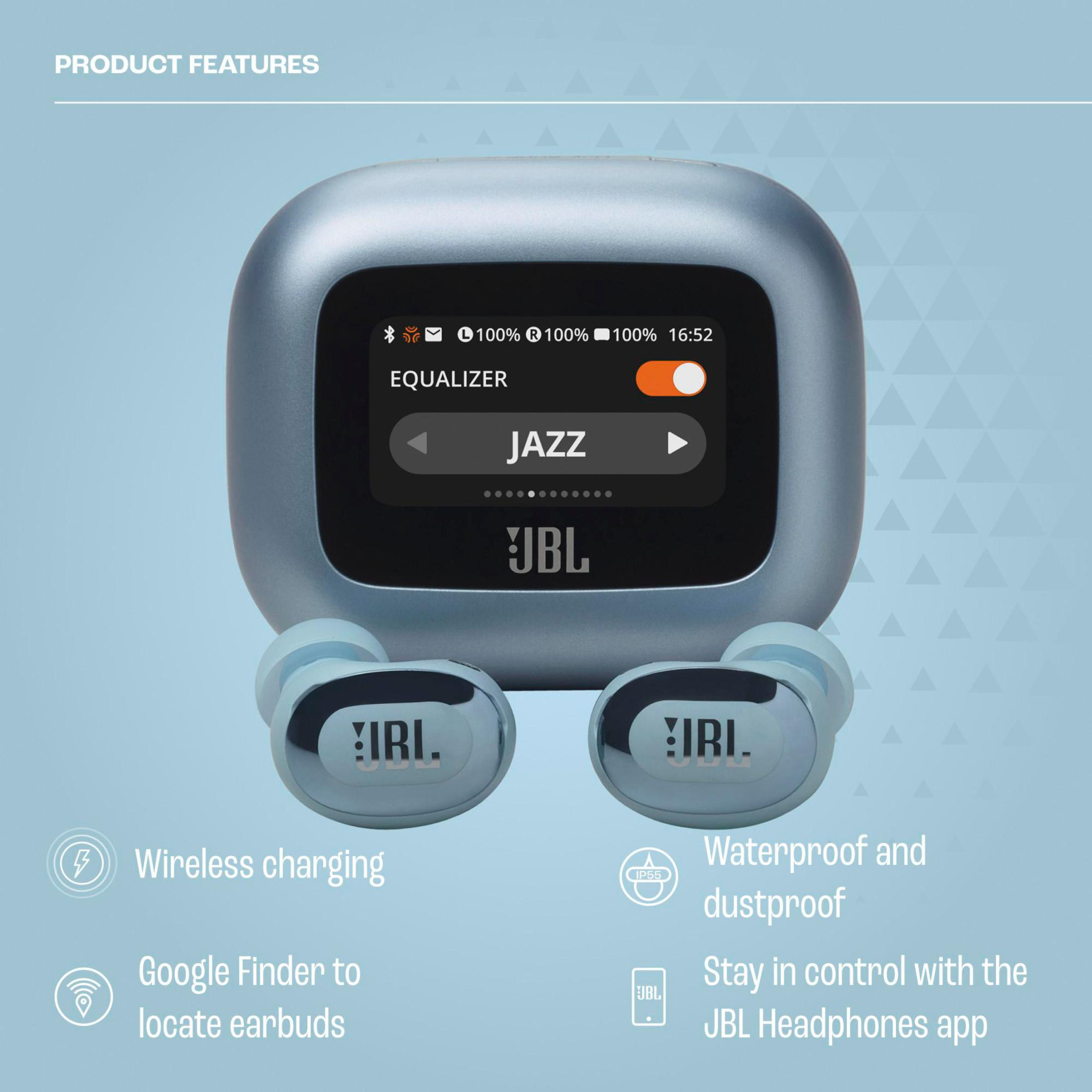 Custodia blu con auricolari, funzioni e uno schermo con equalizzatore e 'JAZZ'.