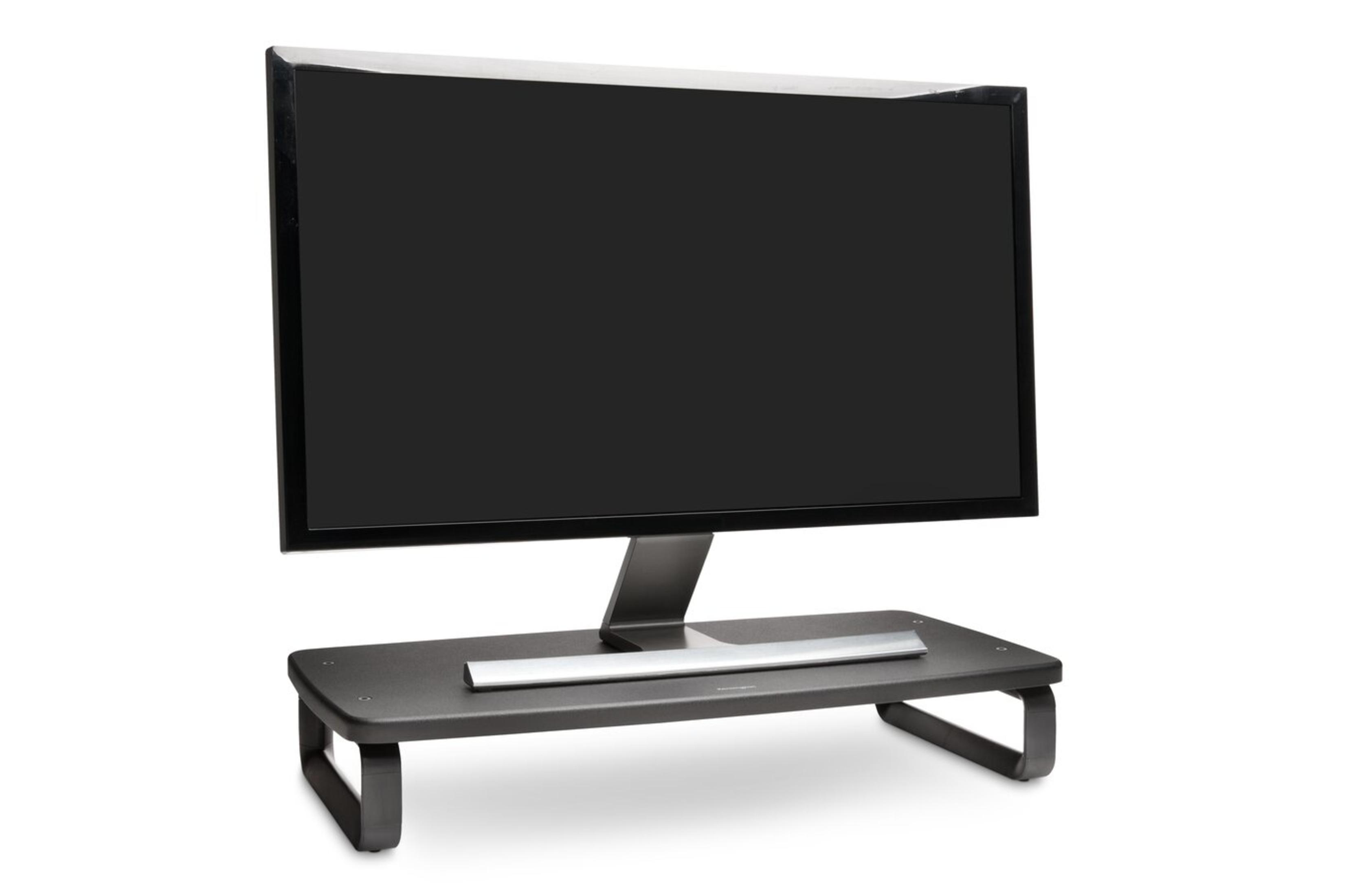 Een monitor op een standaard. De monitor is zwart, de standaard donkergrijs. Witte achtergrond.