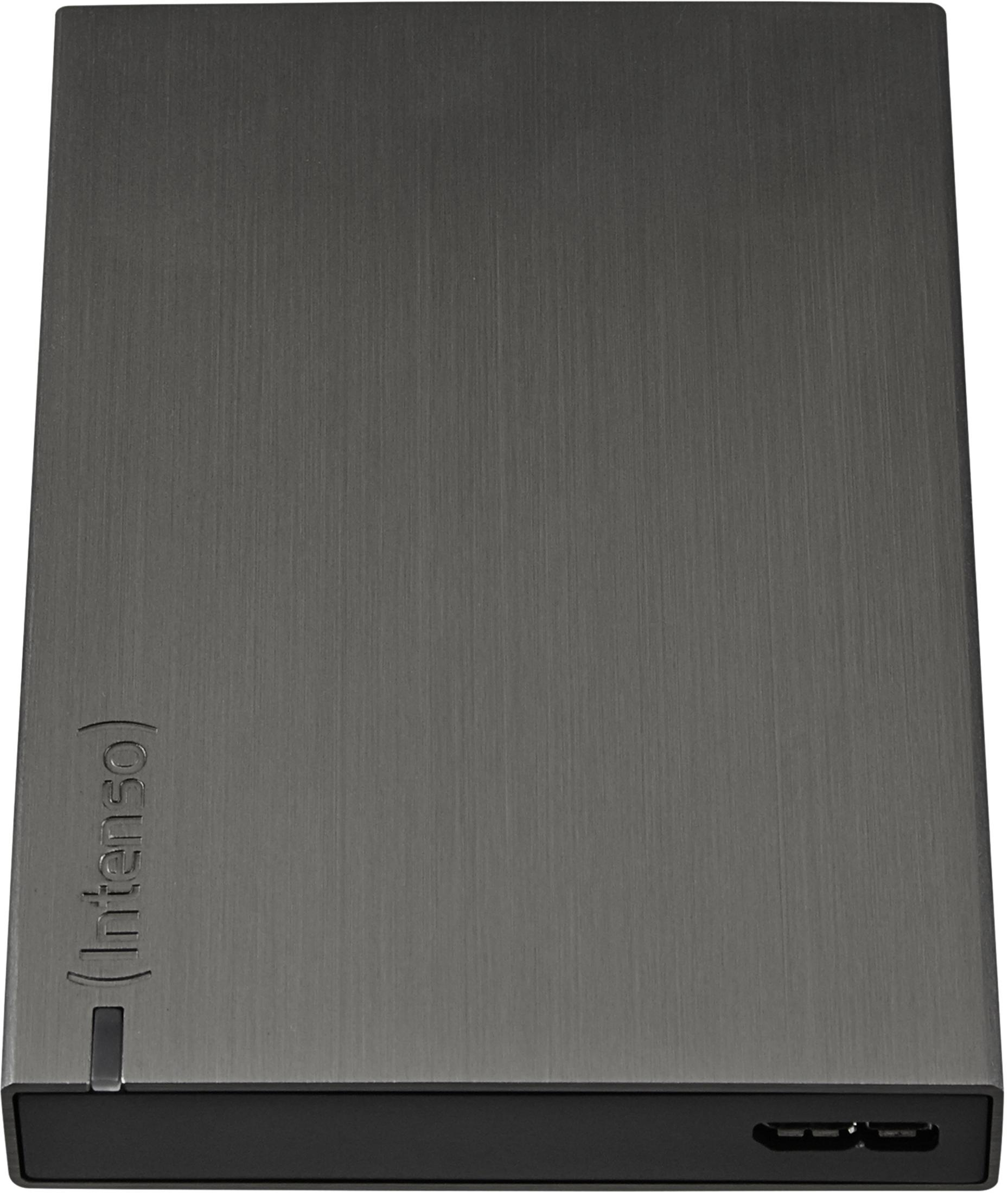 Ciemnoszary, prostokątny zewnętrzny dysk twardy ze szczotkowanym metalowym wykończeniem na białym tle.