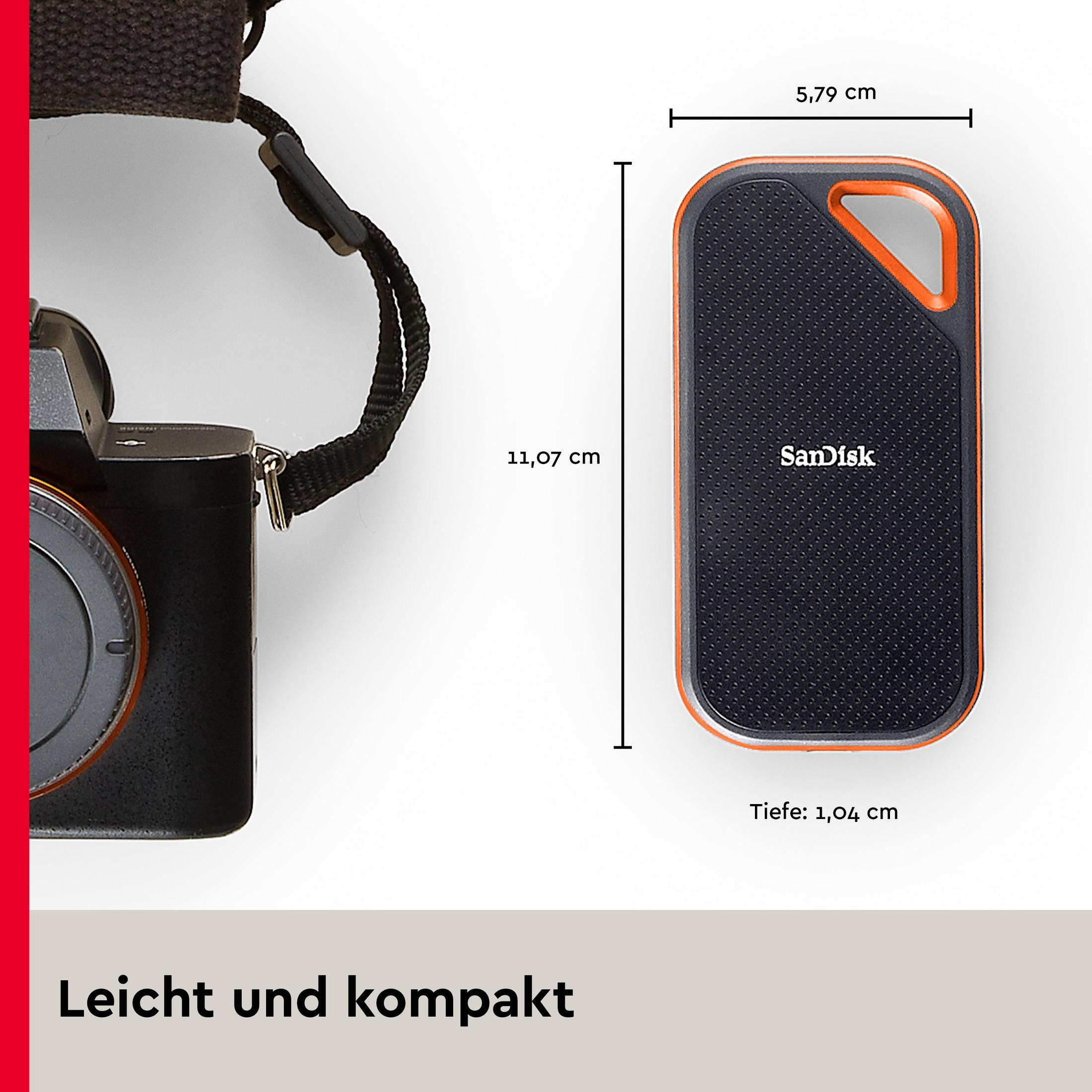 Czarny i pomarańczowy zewnętrzny dysk twardy SanDisk z aparatem i wymiarami.