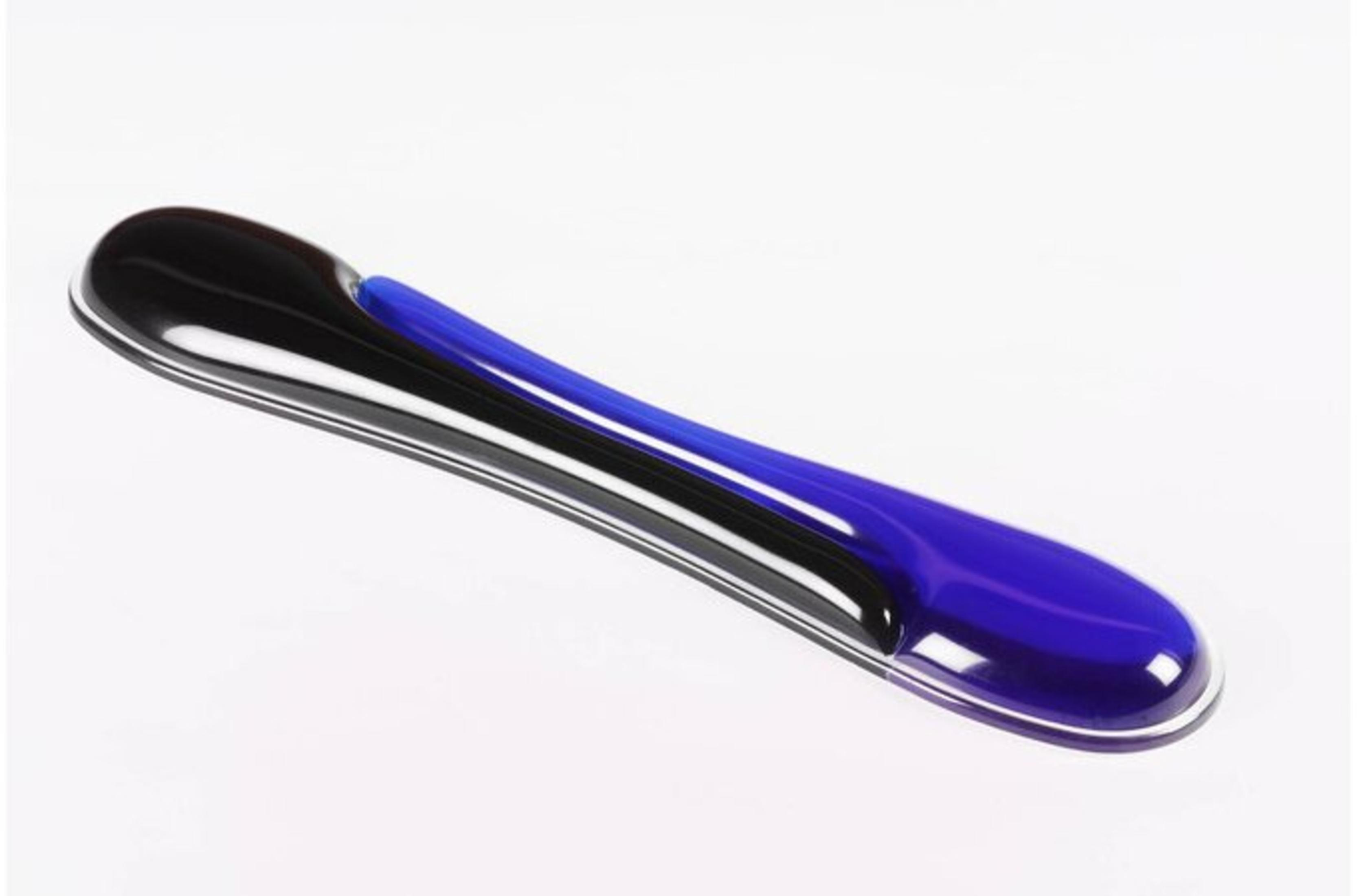 Apoyamuñecas de gel, negro y azul, sobre fondo blanco.