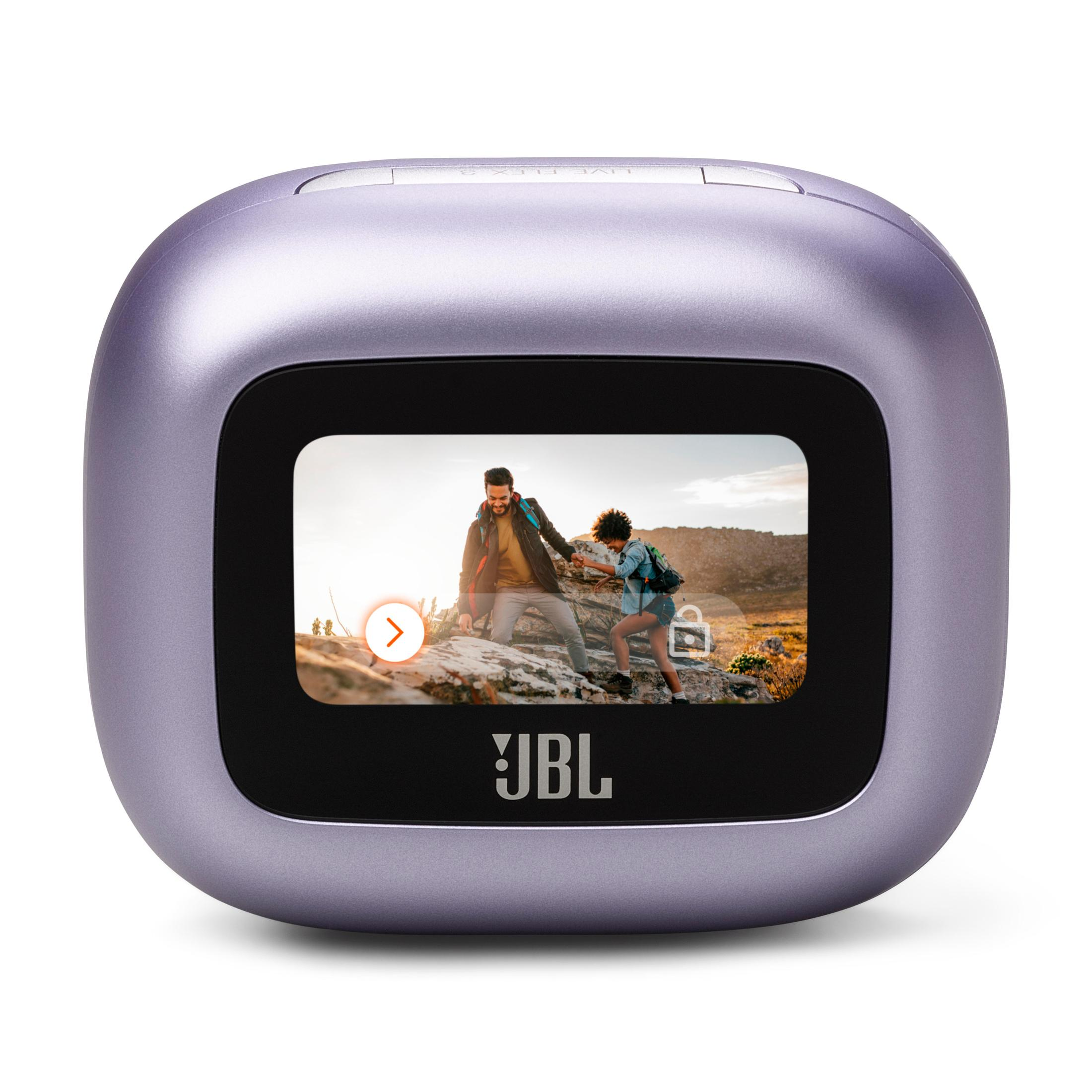 Ein lila JBL-Kameragerät mit einem Bildschirm, der ein Foto zeigt. Weißer Hintergrund.