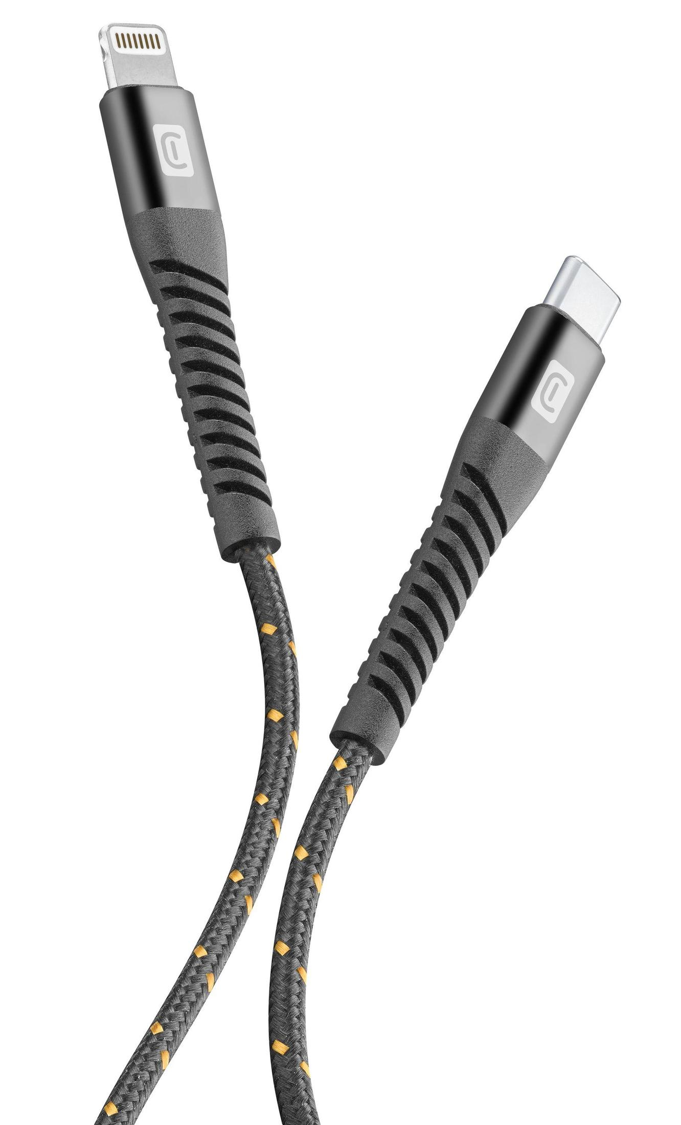 Cavi di ricarica Lightning e USB-C. Cavo intrecciato, connettori grigi.