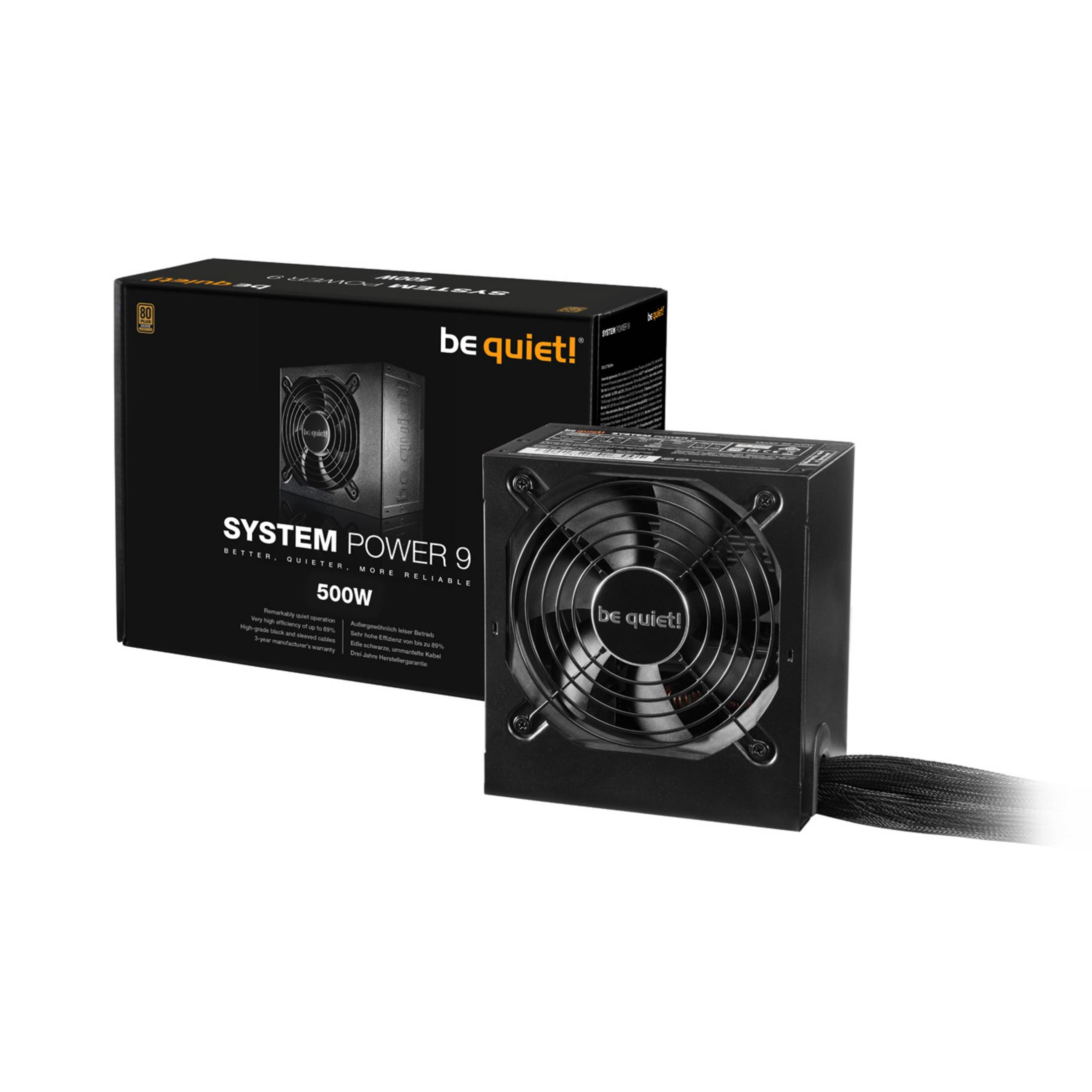 Be Quiet! SYSTEM POWER 9 Box und Netzteil. Das Netzteil ist schwarz und hat einen Lüfter.
