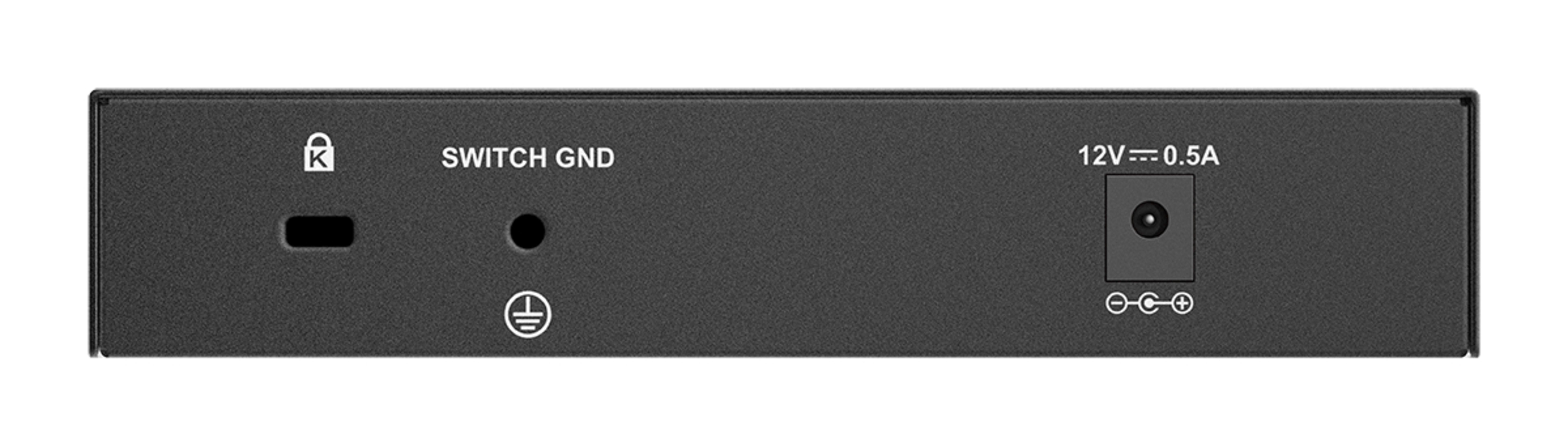 Tył czarnego przełącznika sieciowego z portami połączeniowymi i wejściem zasilania.