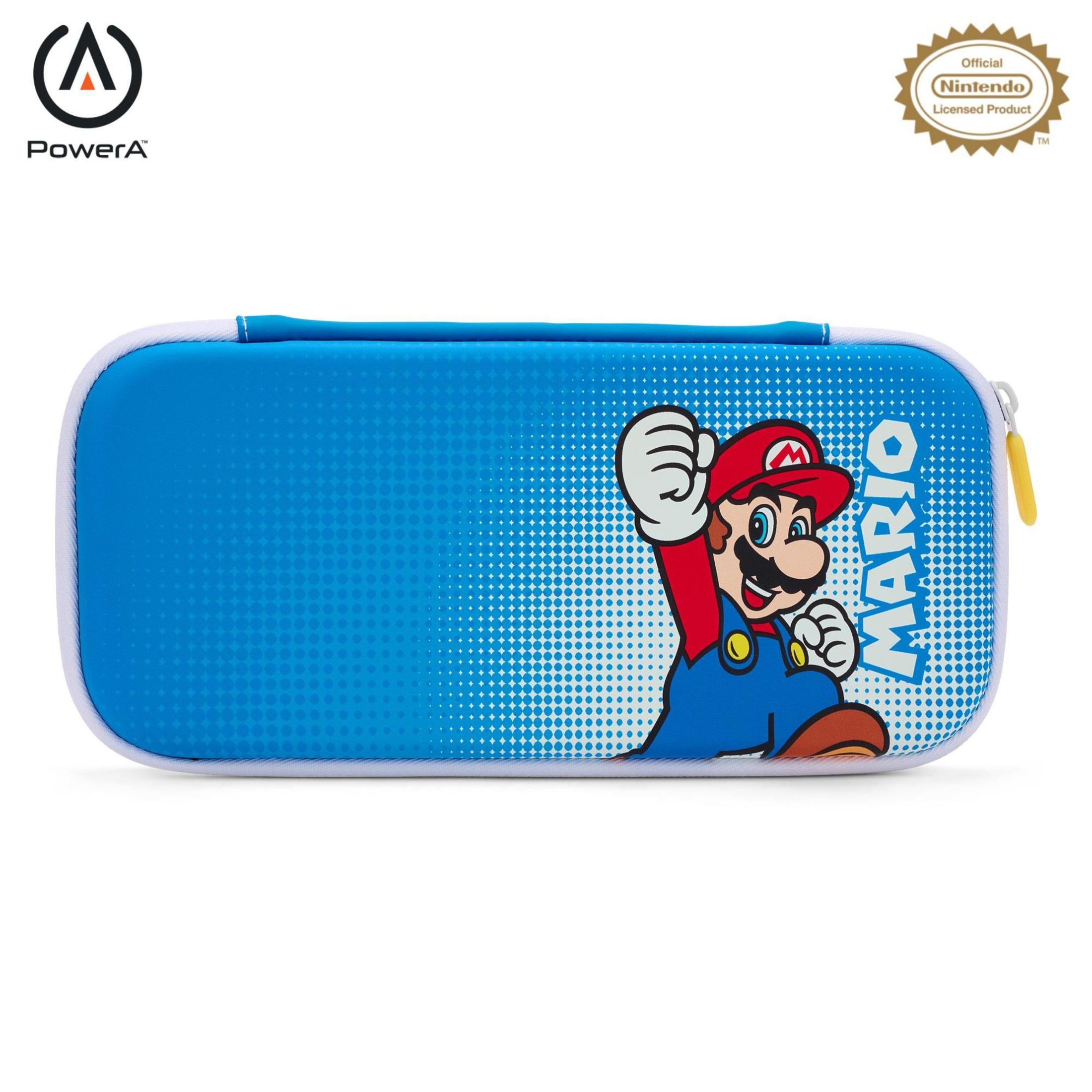Funda azul Nintendo Switch con ilustración de Mario y cremallera amarilla.