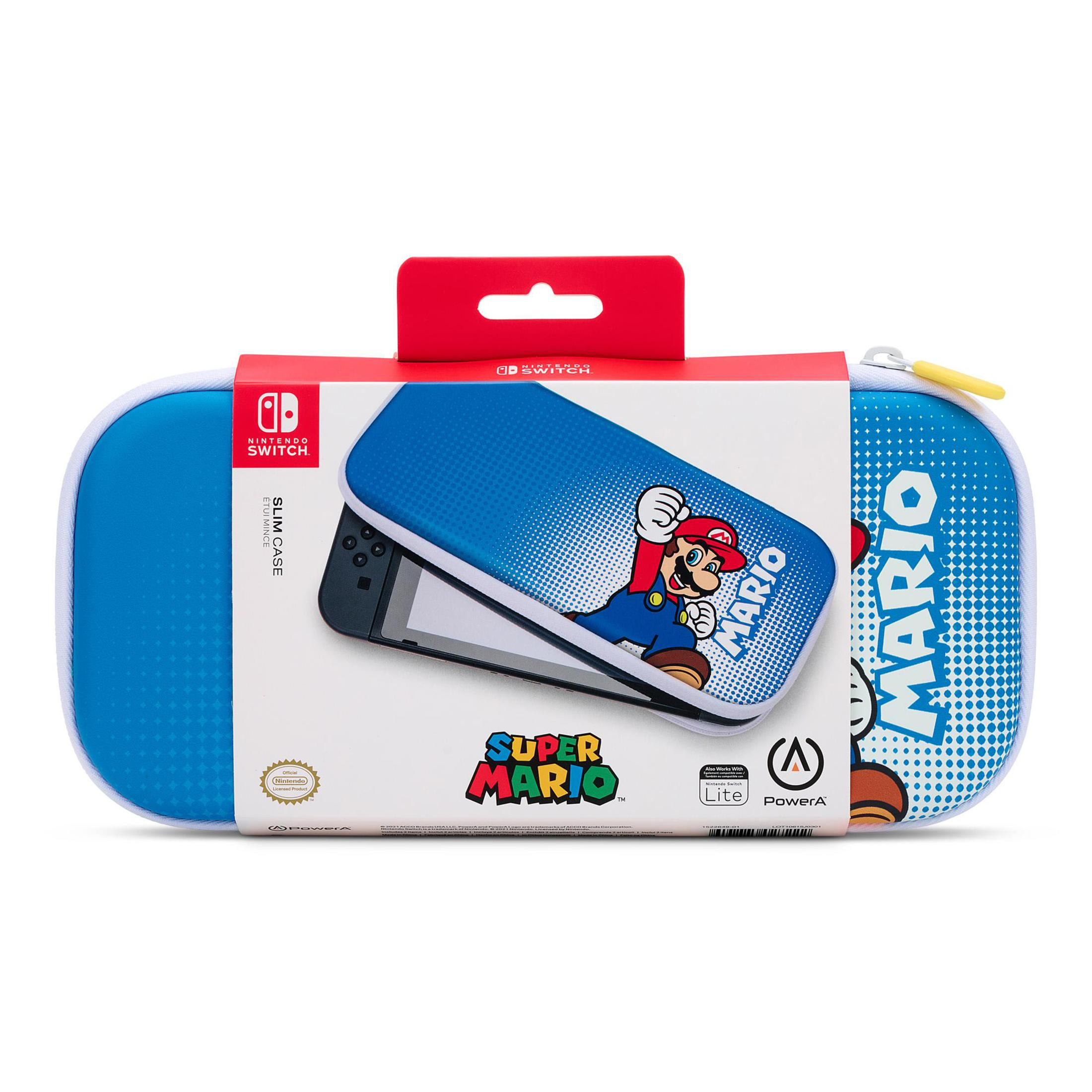 Una funda azul para Nintendo Switch Lite con Mario y el logo de Nintendo.