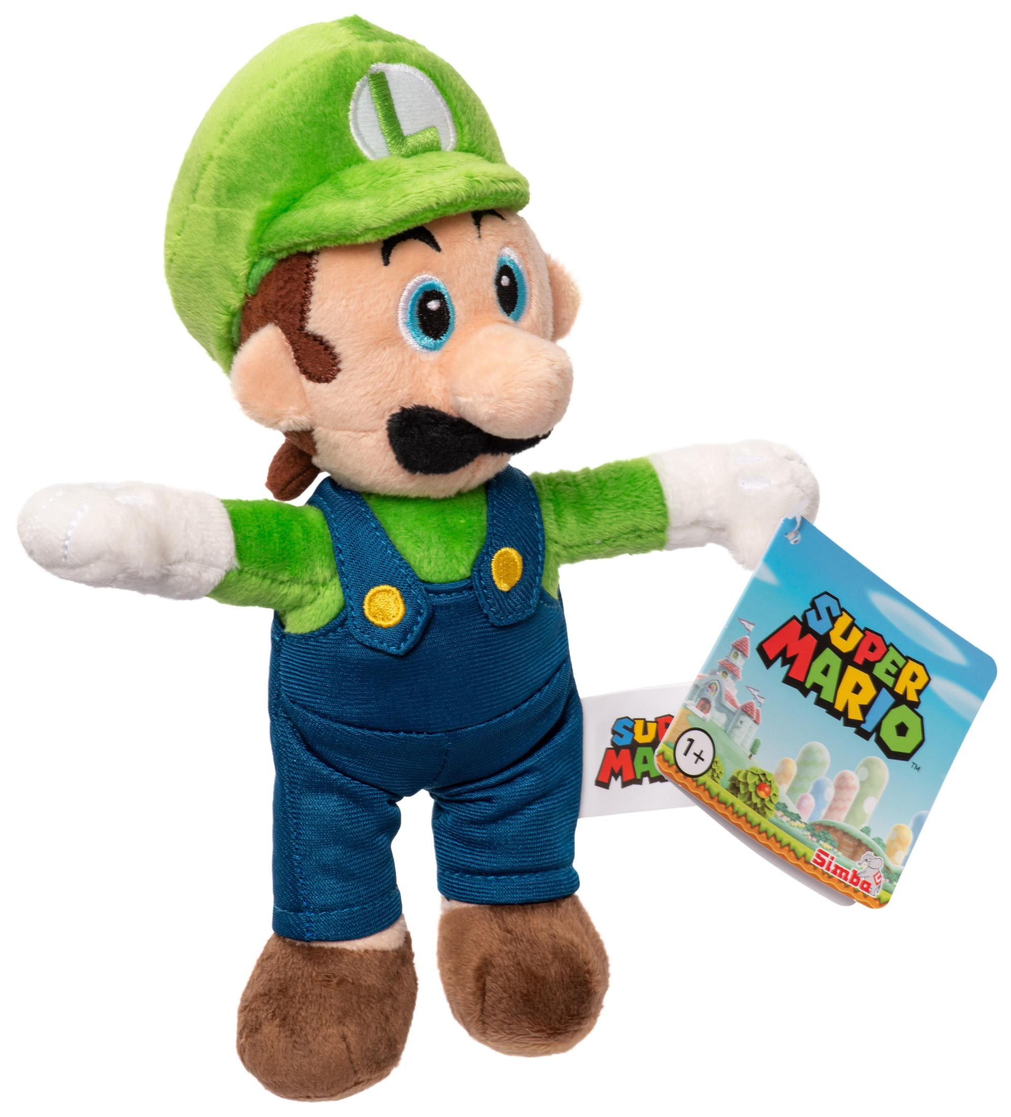 Luigi-Plüschtier. Er trägt einen grünen Hut und blaue Latzhosen. Er hält ein Etikett mit Super Mario.