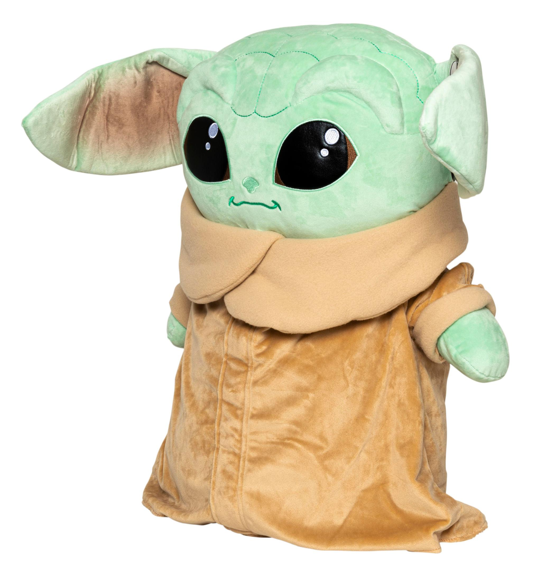 Das Kind-Plüschtier aus Star Wars, grüner Kopf, große Augen, trägt einen beigen Robe.