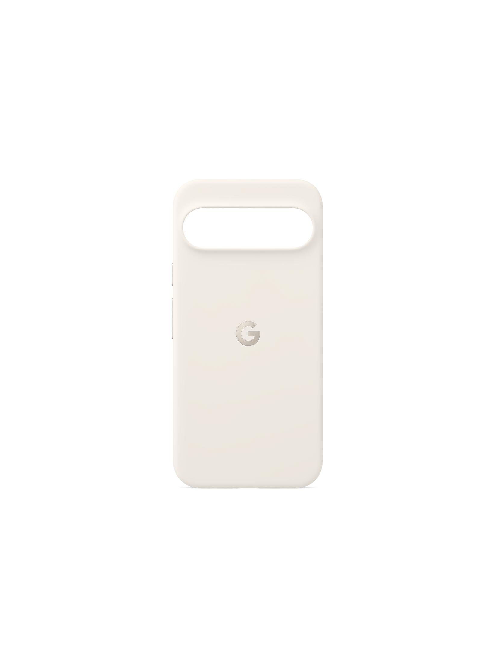 Funda blanca para teléfono Google Pixel, parte trasera con recorte cámara.