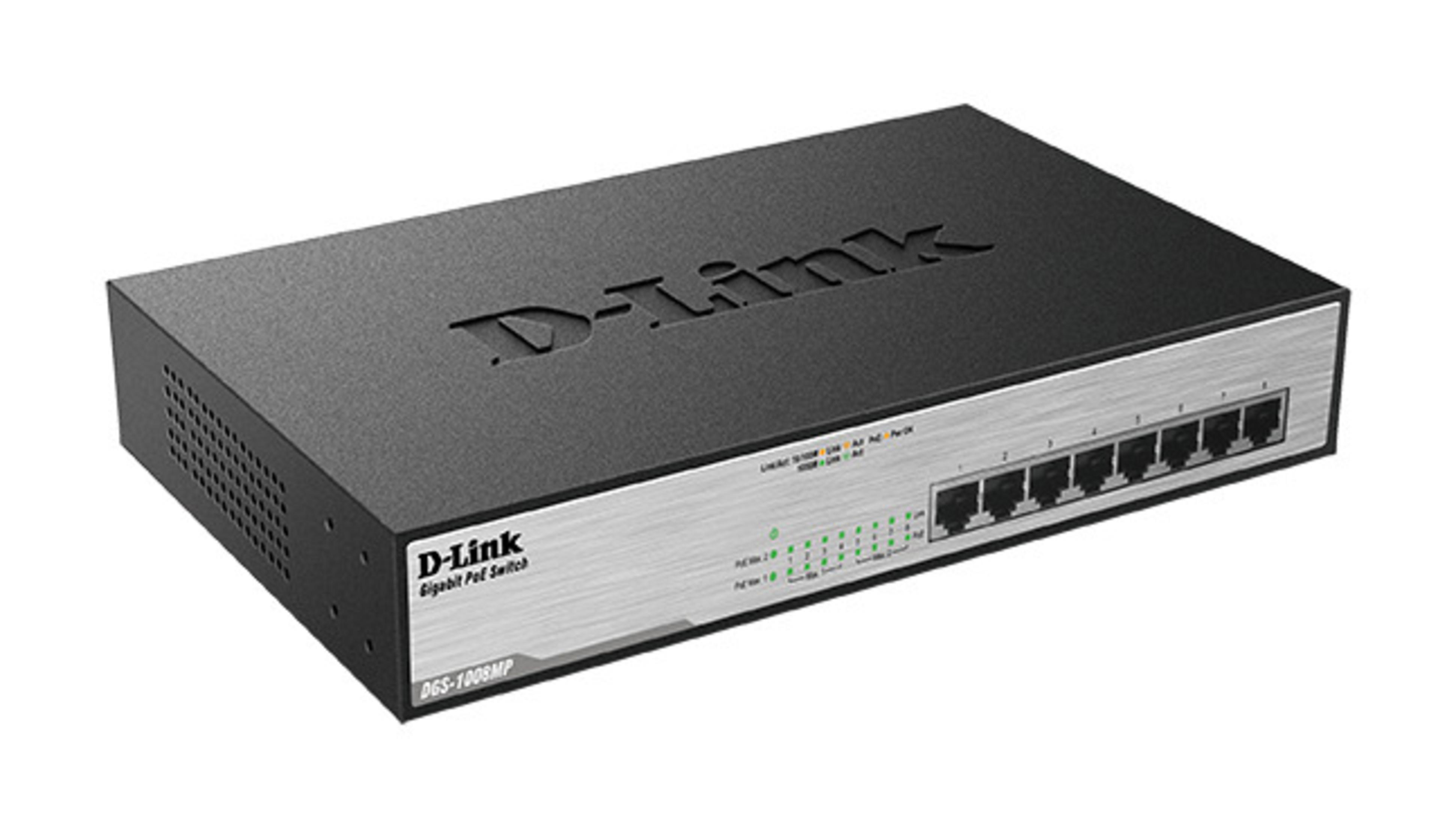 Commutateur D-Link Gigabit PoE. Design noir et argent avec ports. Fond blanc.