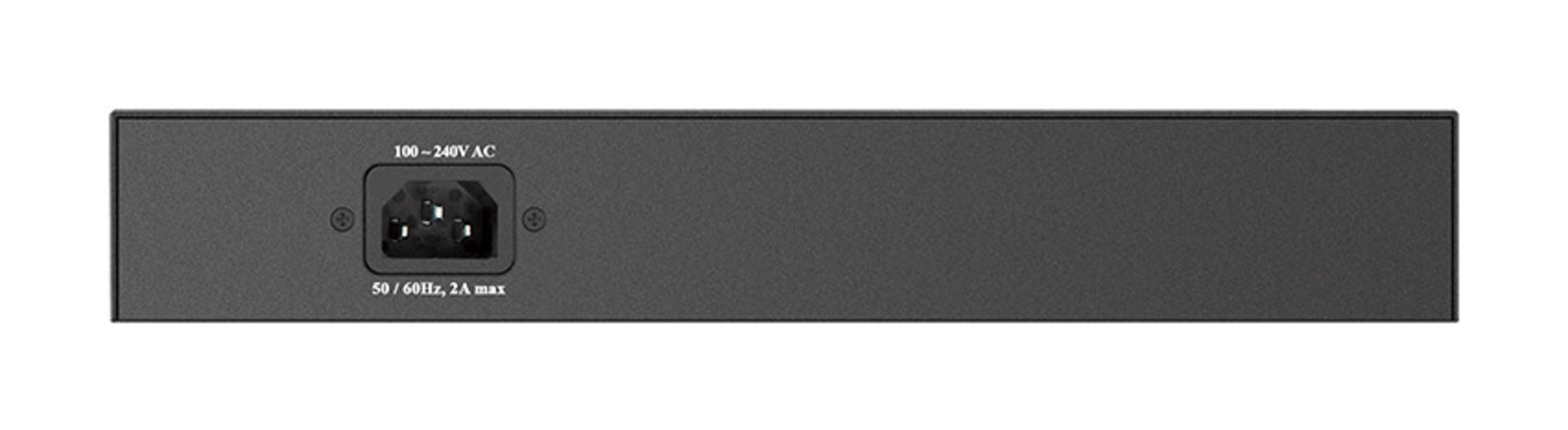 Un appareil rectangulaire noir avec une prise de courant sur le côté gauche. Texte : 100-240V AC, 50/60Hz, 2A max.