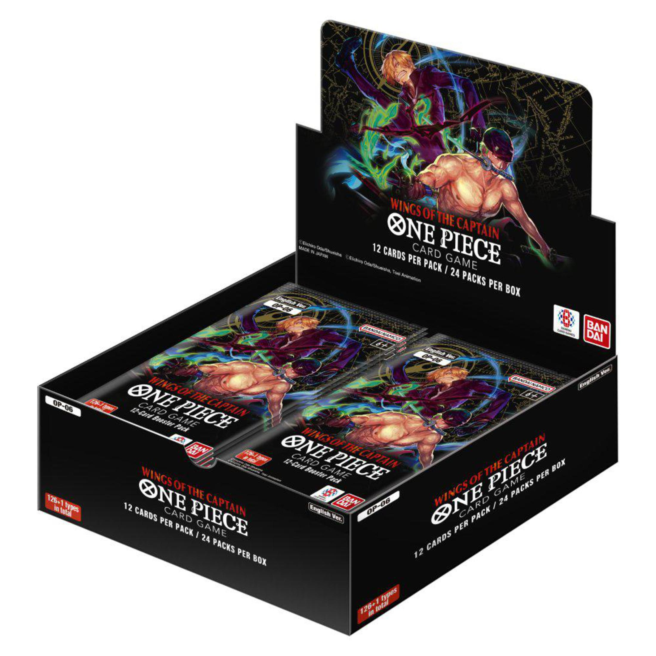 Eine Box mit One Piece Kartenspiel-Packs, mit Charakterbildern und Produktnamen.