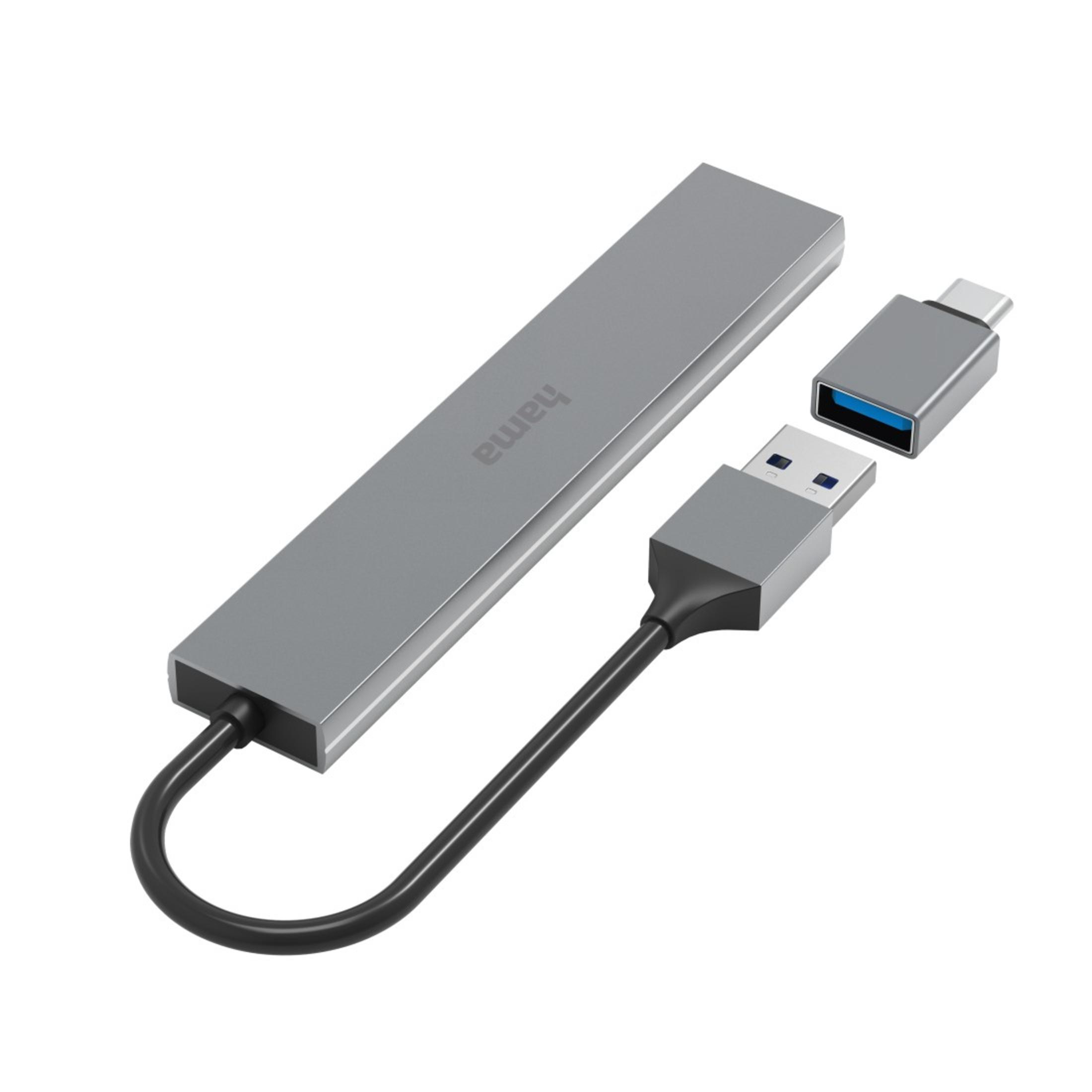 Un hub USB argentato con un connettore USB-C e uno USB-A collegati. Il marchio Hama è visibile.