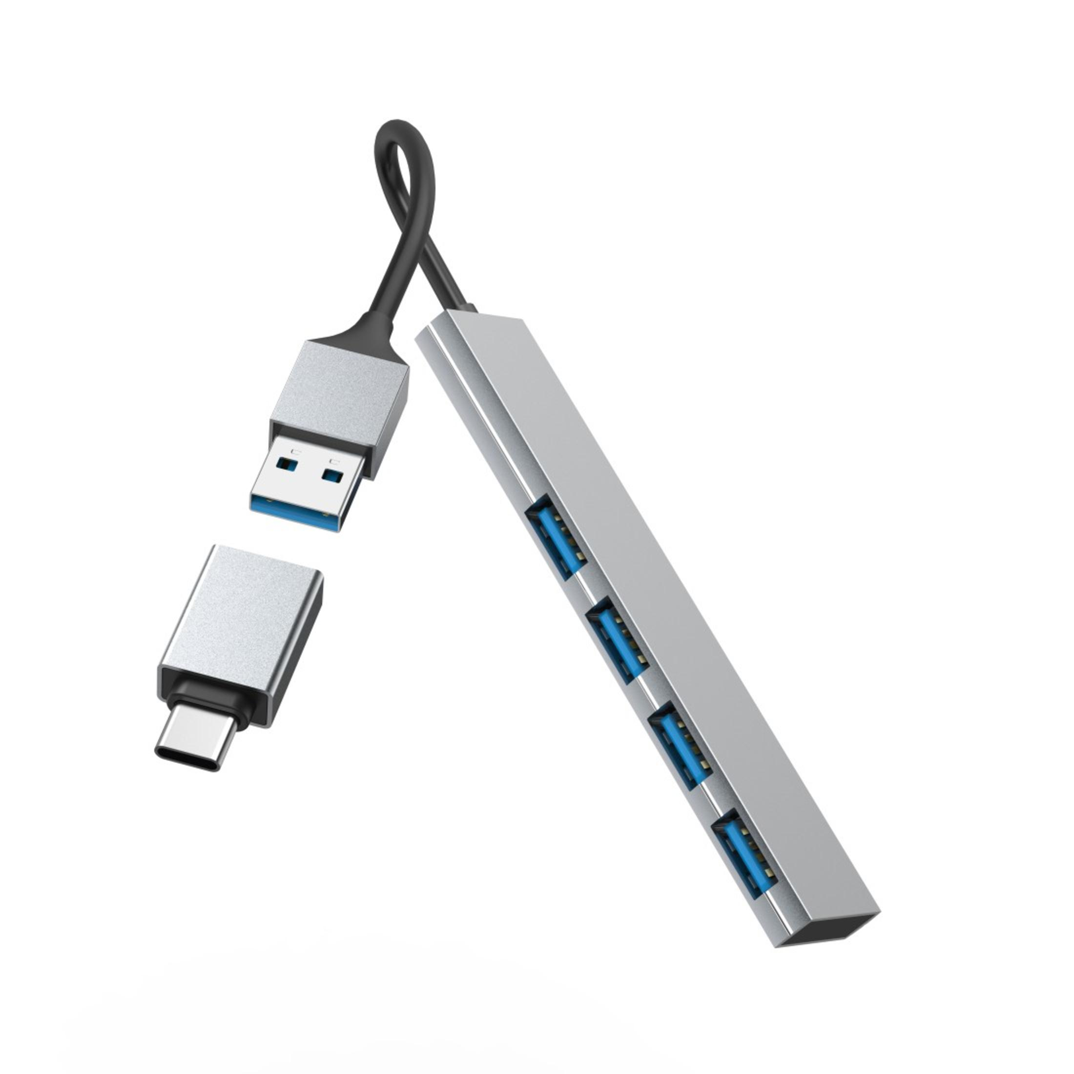 Hub USB argento con 4 porte USB e connettore USB-A e USB-C, su sfondo bianco.