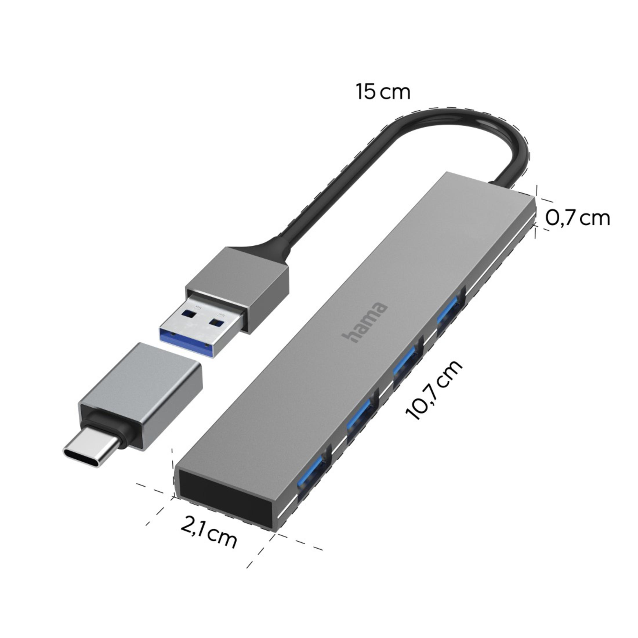 Hub USB Hama grigio con più porte e connettore USB e USB-C.