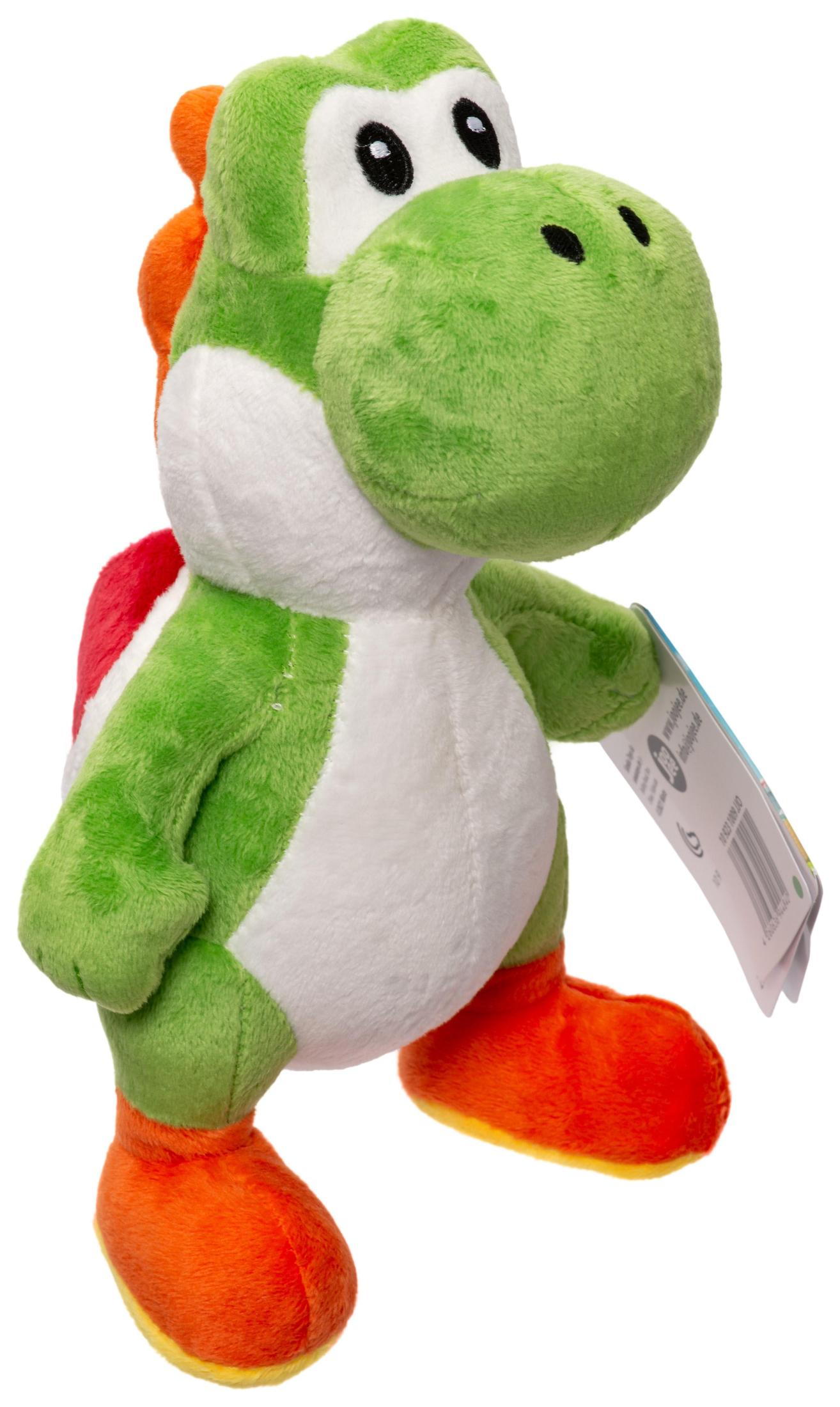 Yoshi-Plüschtier in Grün, Weiß und Orange, mit einem Anhänger.
