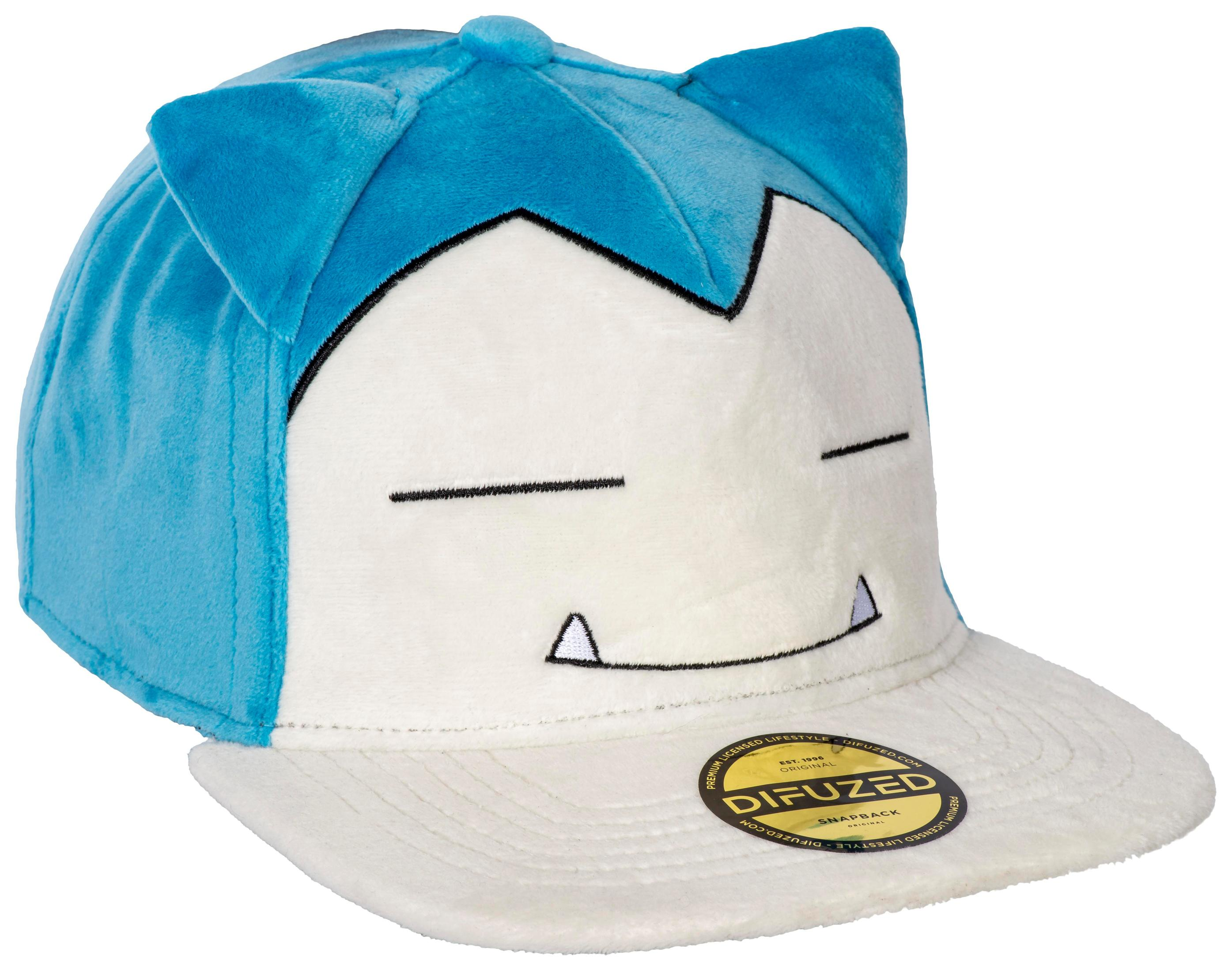 Blau-weiße Snorlax-Mütze mit Ohren und Mund.