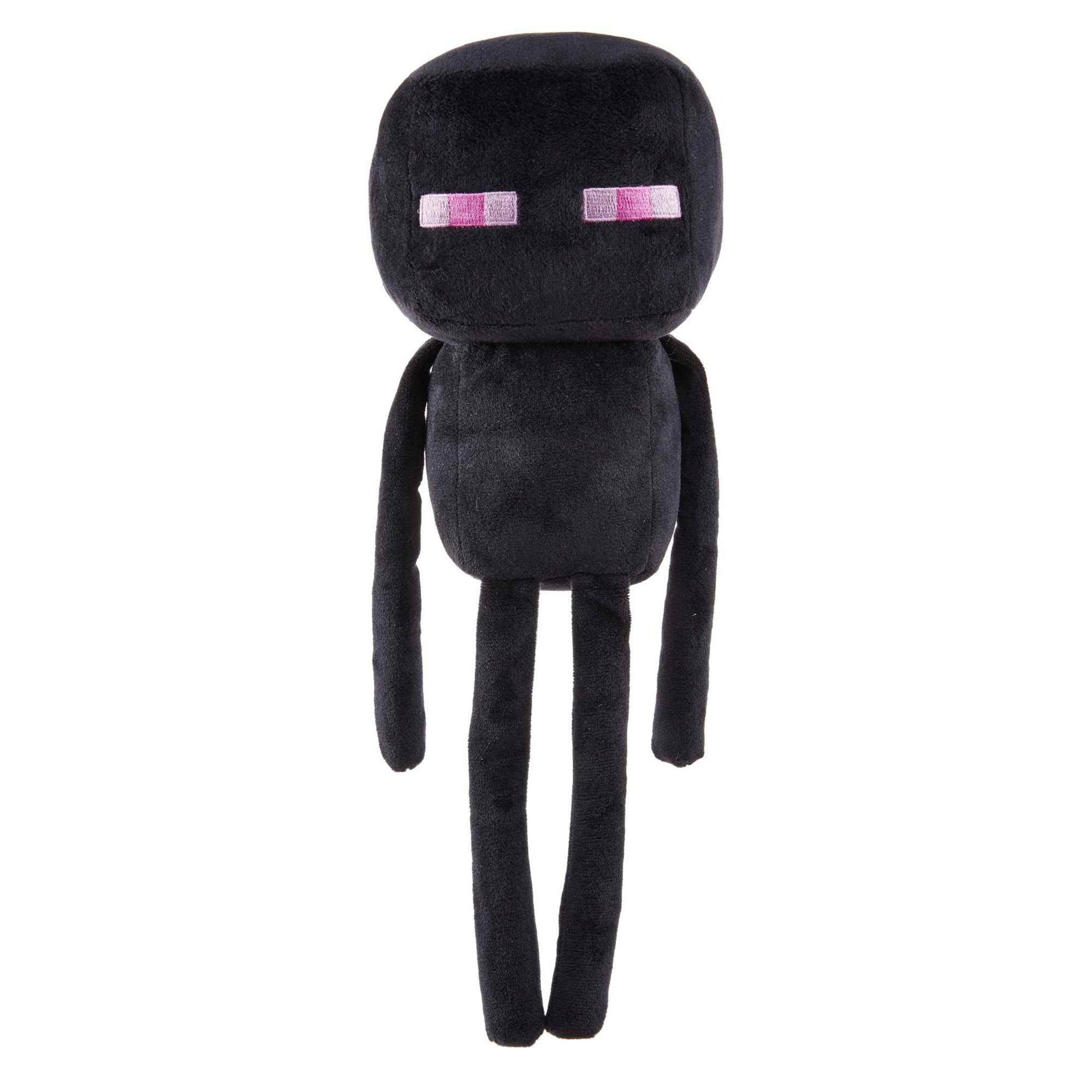 Schwarzes Minecraft Enderman Plüschtier. Mit langen Armen und Beinen sowie rosa Augen.