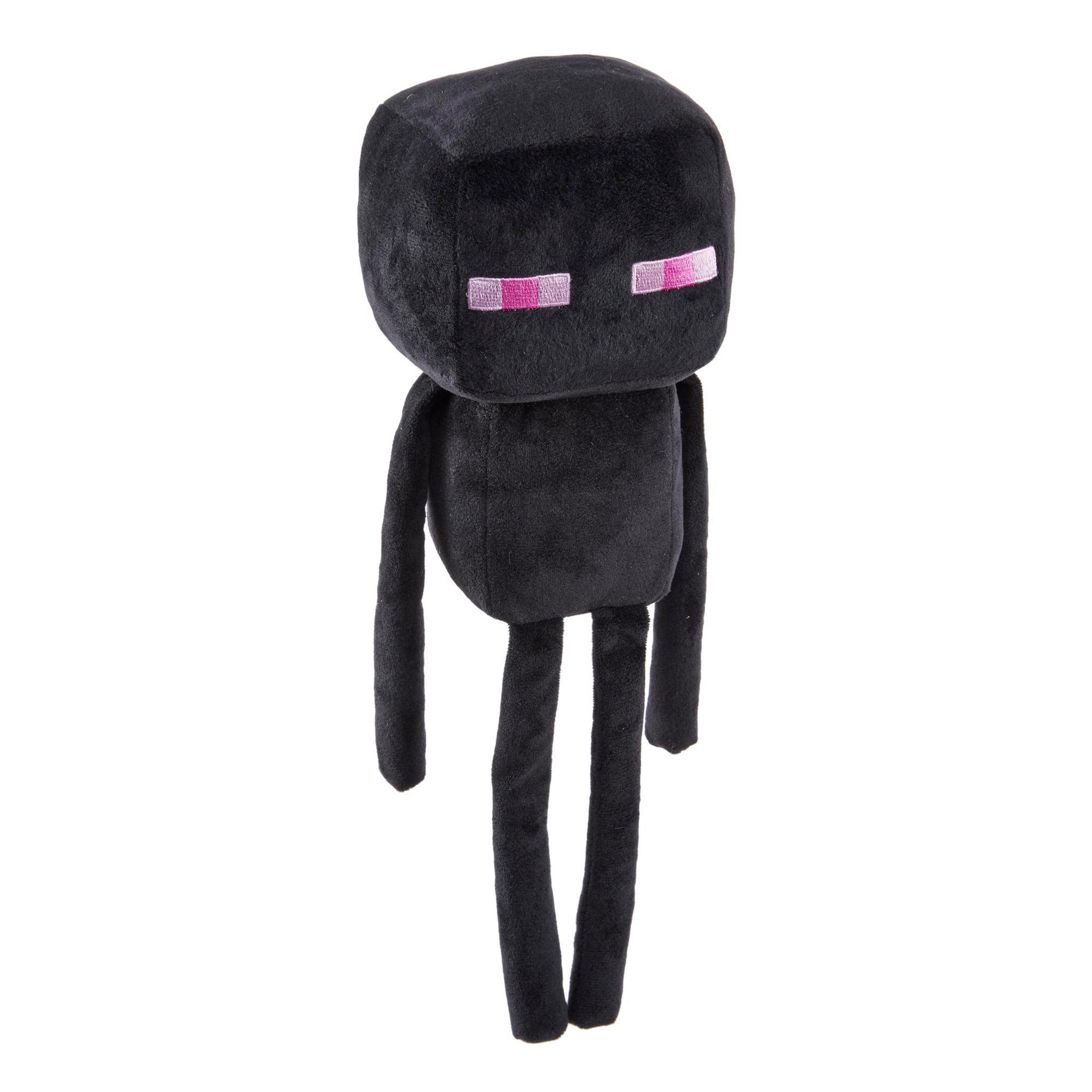 Schwarzes Minecraft Enderman Plüschtier mit rosa Augen und langen Armen und Beinen auf weißem Hintergrund.