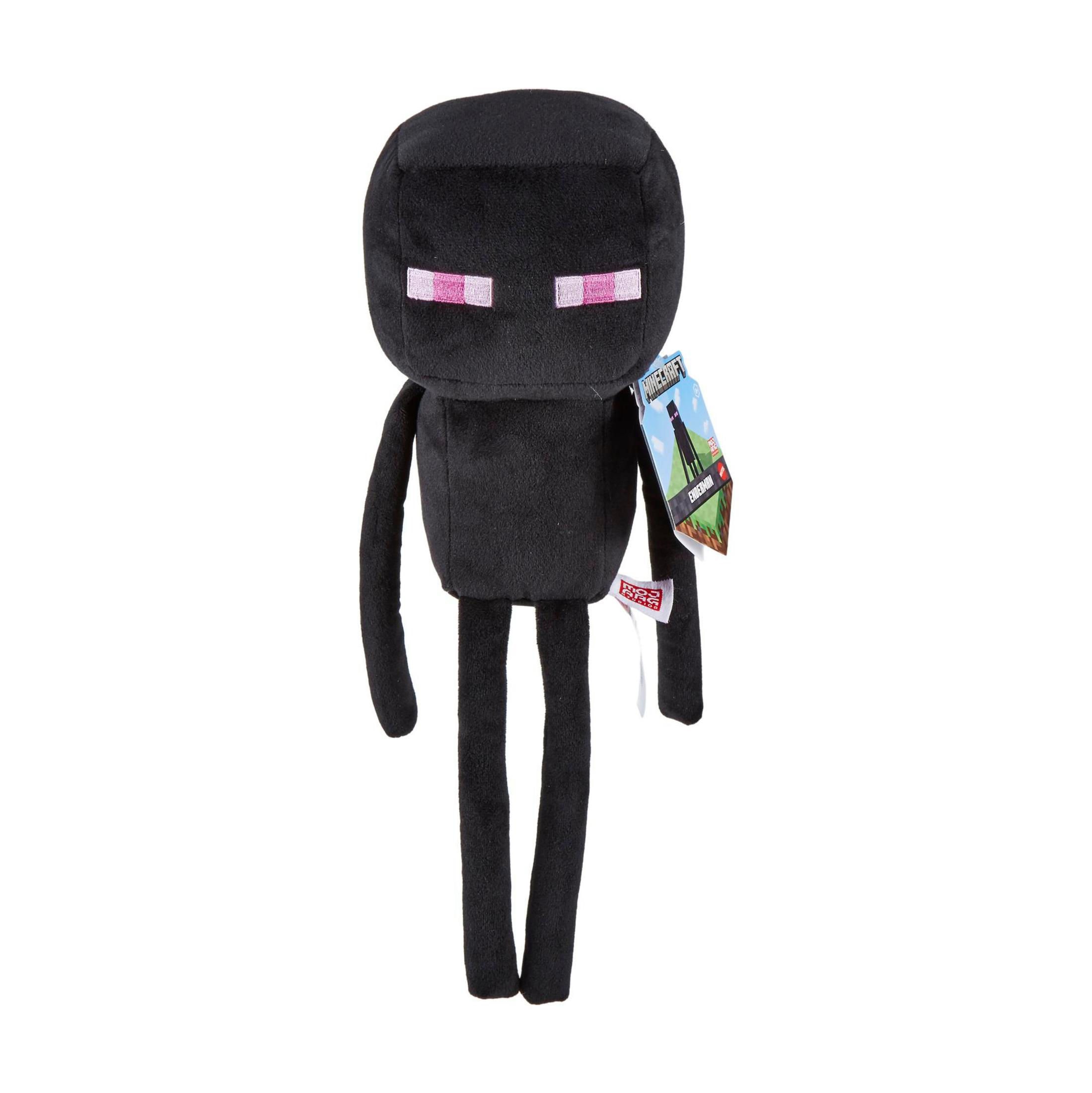 Ein schwarzes Enderman-Plüschtier aus Minecraft, mit rosa Augen und einem Etikett.