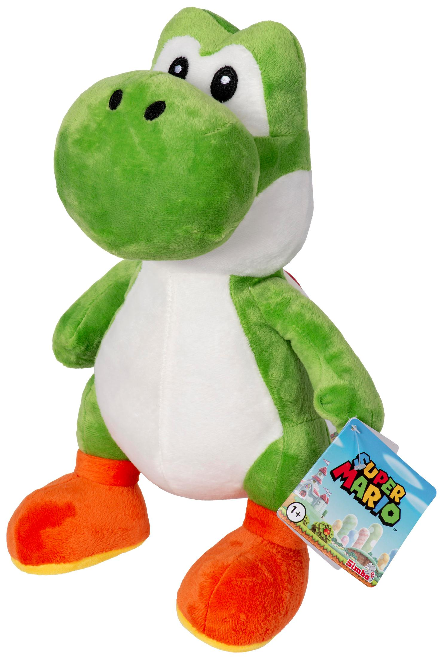 Yoshi-Plüschtier, grün mit weißem Bauch und orangefarbenen Schuhen. Es hat ein Super Mario-Etikett.