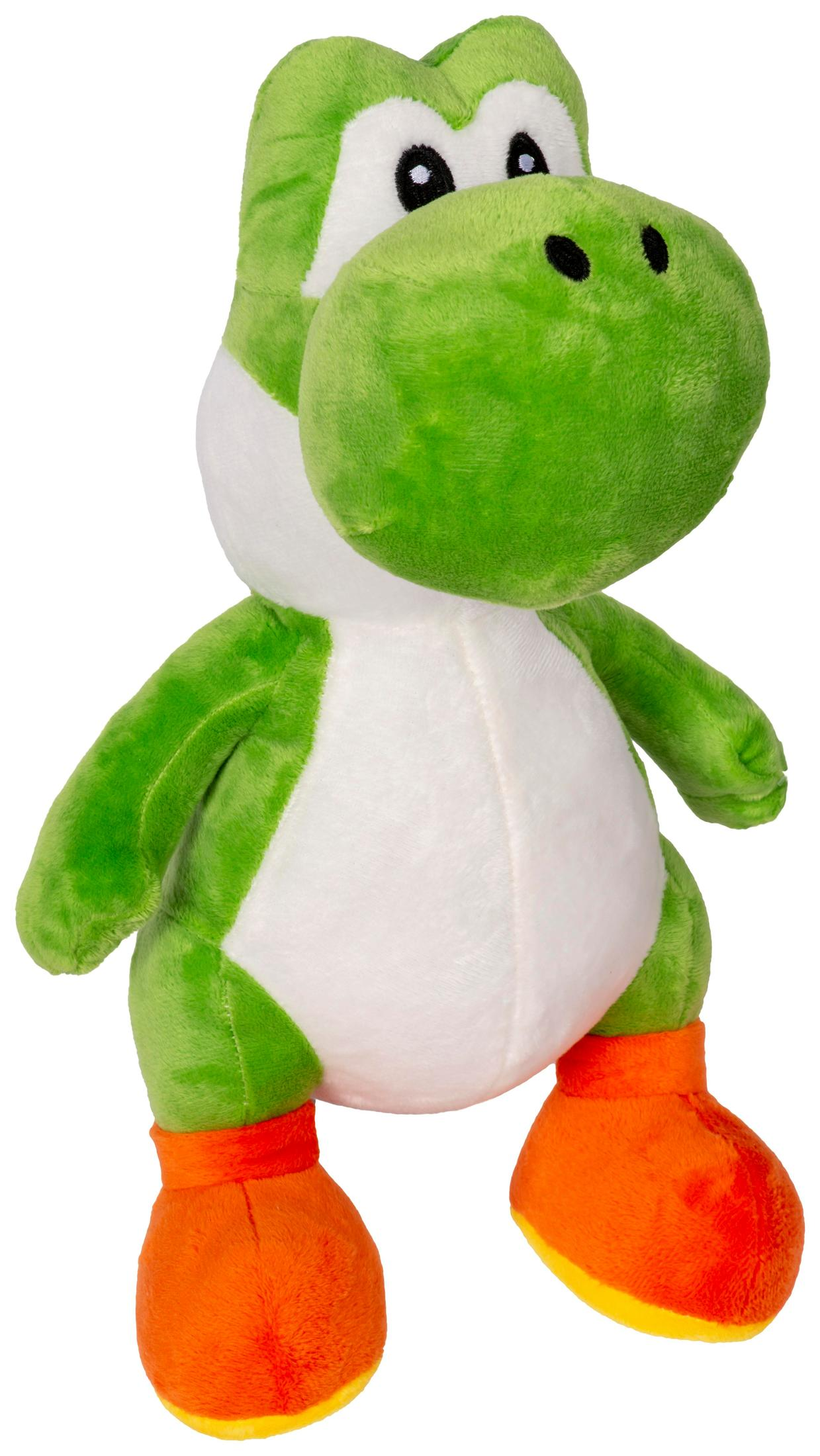 Ein grünes Yoshi-Plüschtier mit orangen Schuhen, auf weißem Hintergrund.