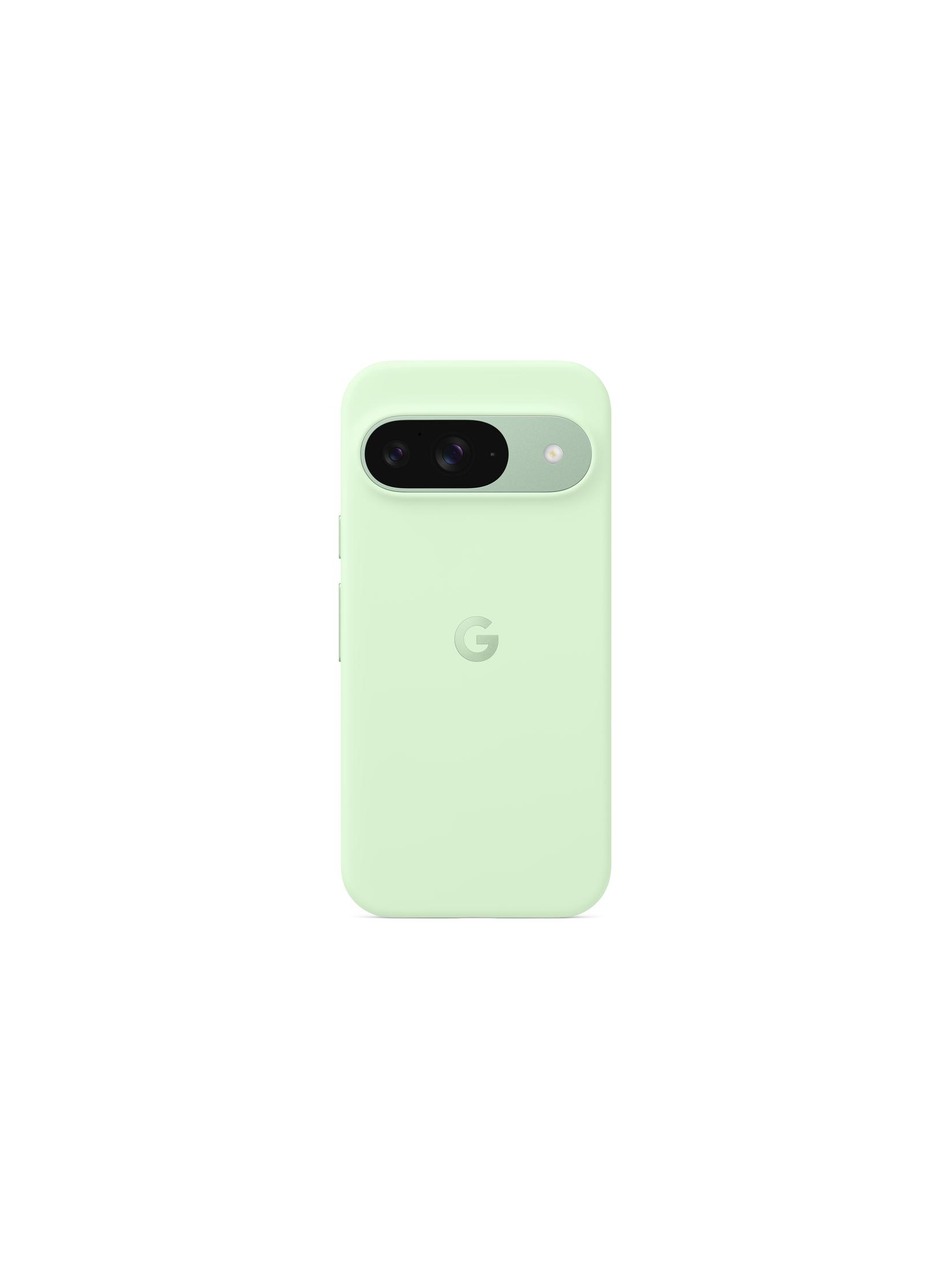Téléphone Google Pixel 7 vert menthe dans un étui assorti. Le téléphone possède deux objectifs.