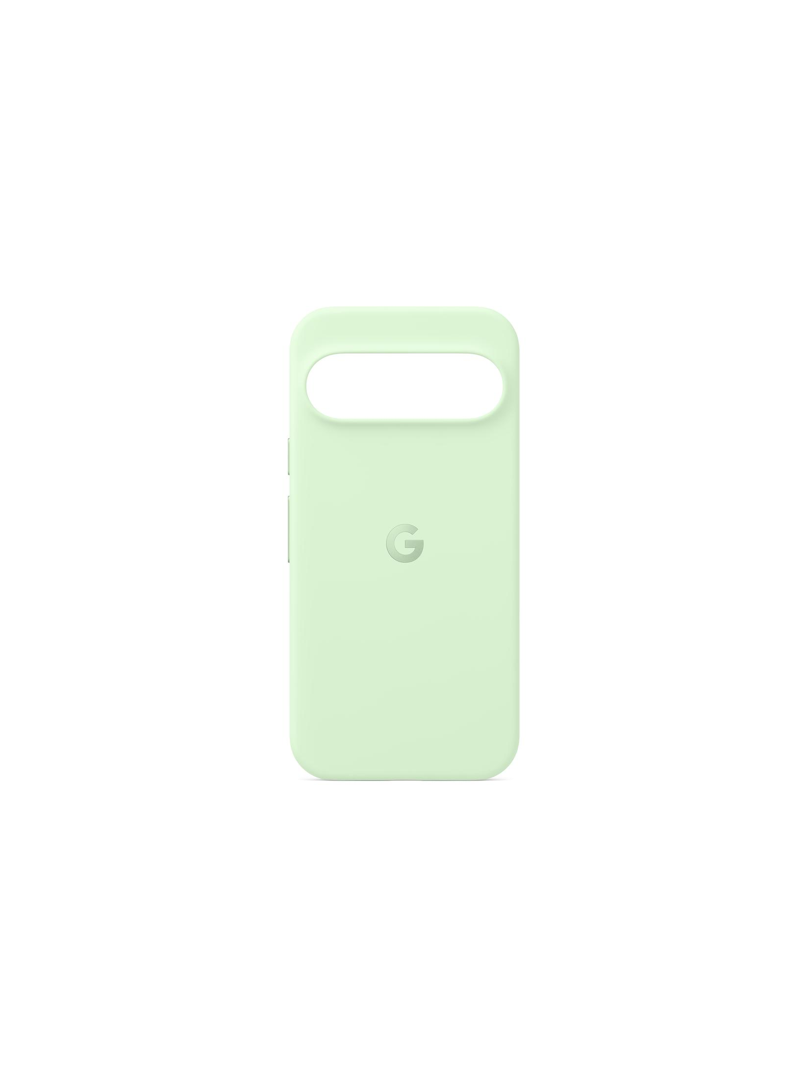 Coque de téléphone vert clair avec découpe pour l'appareil photo et logo Google.