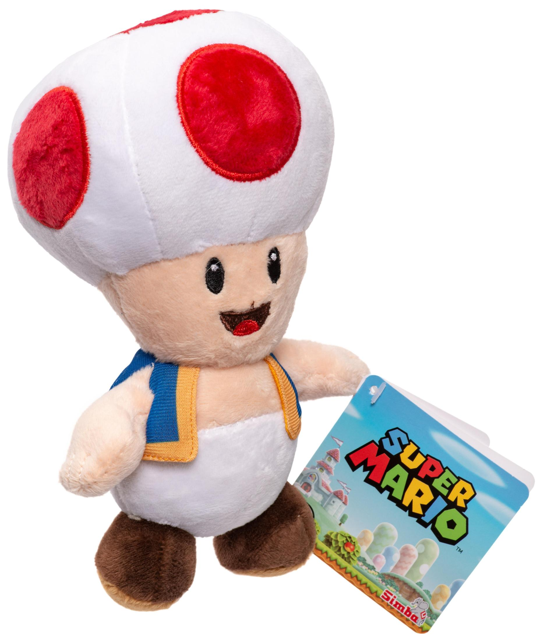 Toad-Plüschtier mit Super Mario-Etikett. Weißer Körper, rot gepunkteter Kopf.