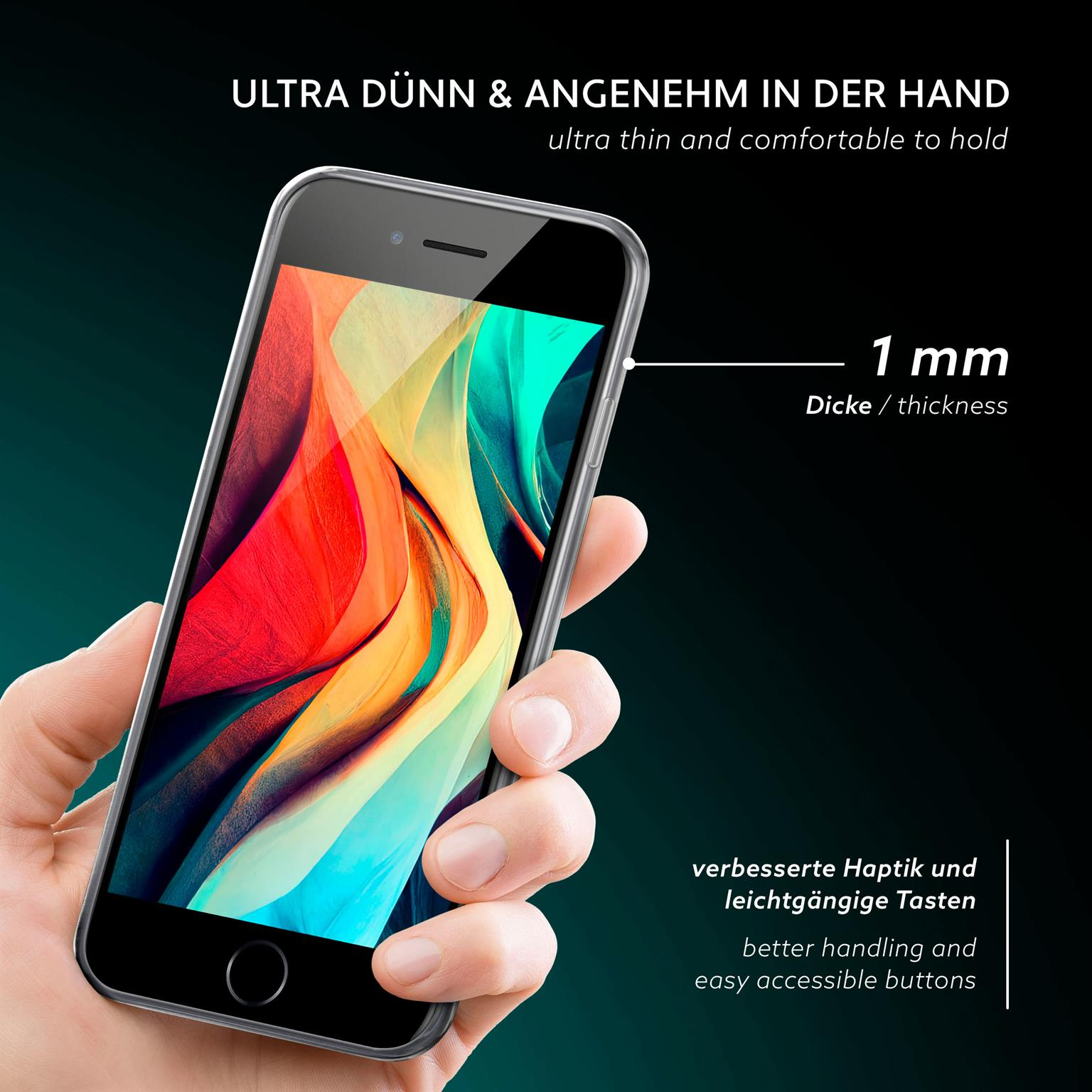Hand hält Telefon in klarer Hülle. Text: Ultra dünn und angenehm zu halten, 1 mm dick.