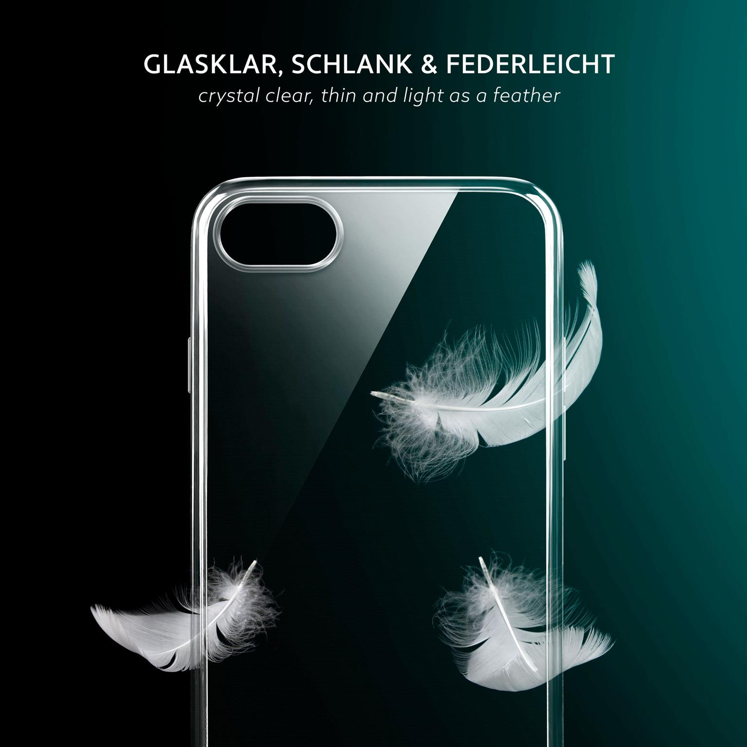 Transparente Handyhülle mit Federn. Text: 'Kristallklar, dünn und federleicht'.