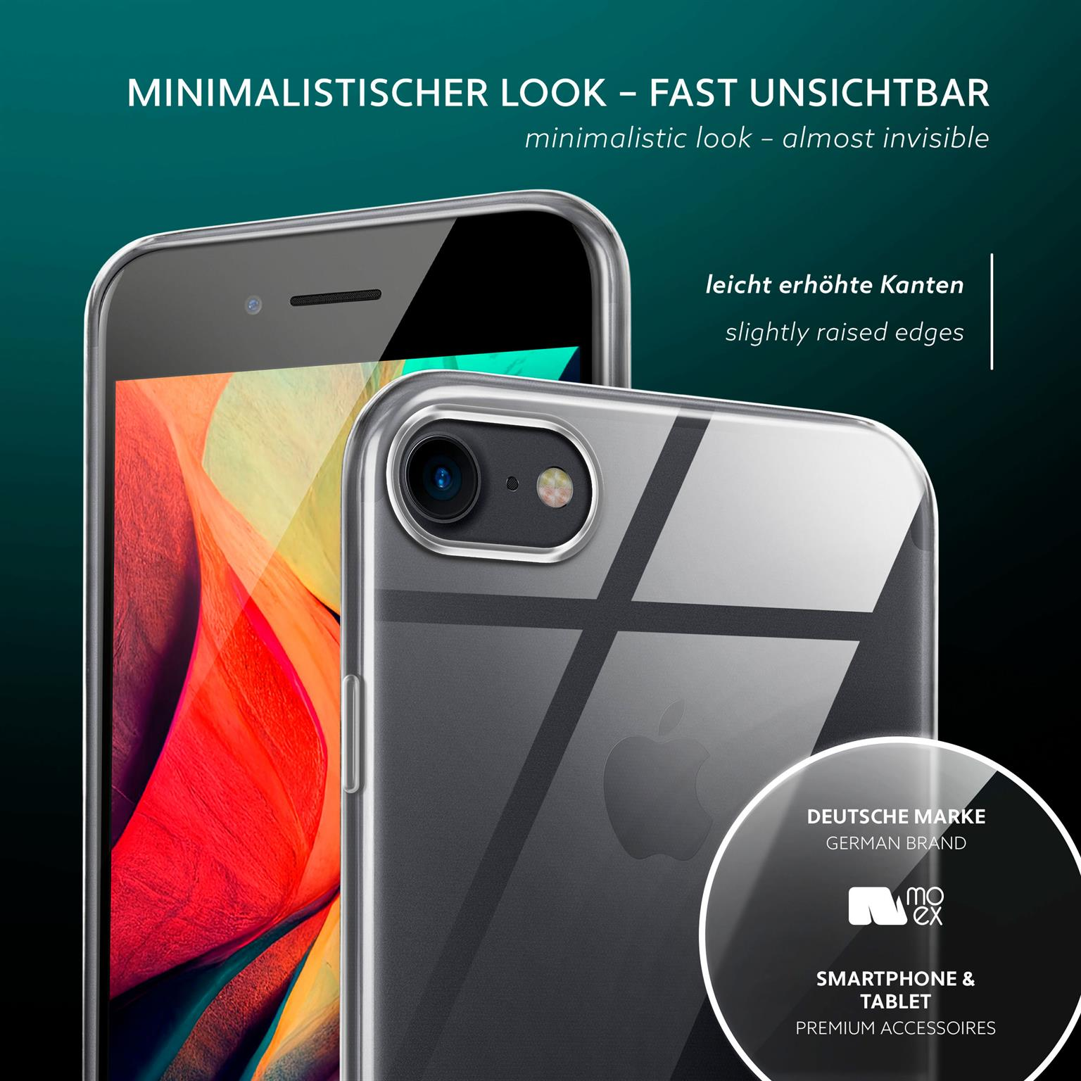 Zwei Smartphones, eines mit Hülle. Hülle ist klar und zeigt Rückseite und Seiten.