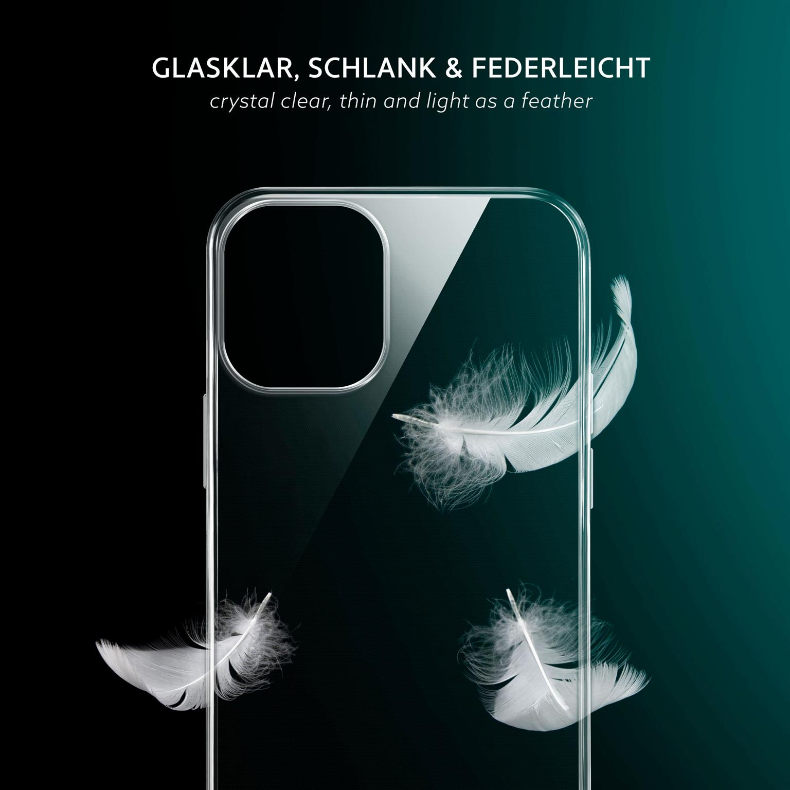 Eine transparente Handyhülle mit weißen Federn, die auf einem dunklen türkisblauen Hintergrund schweben.