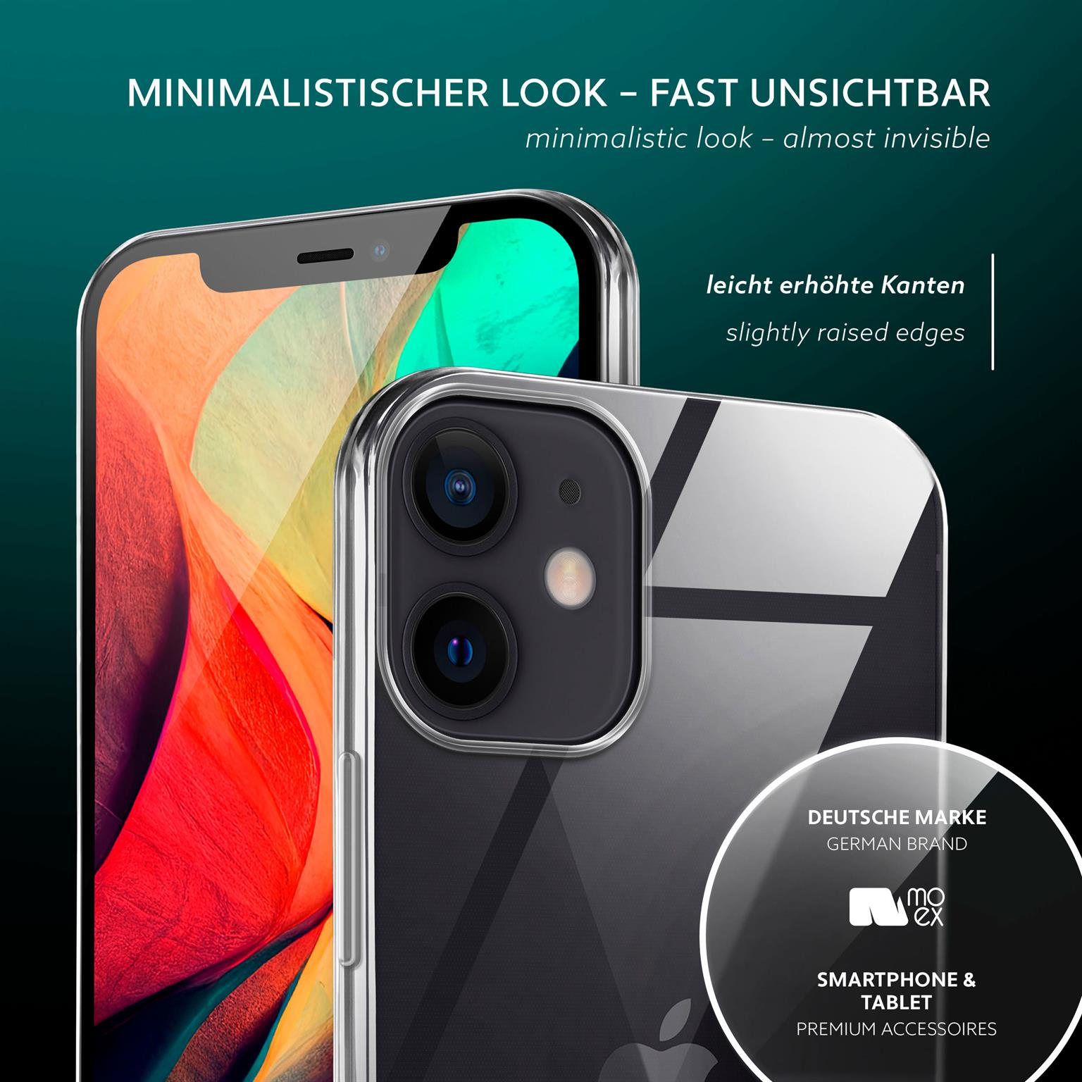 Handyhülle auf einem Telefon. Text sagt: Minimalistischer Look. Das Telefon befindet sich in einer transparenten Hülle.