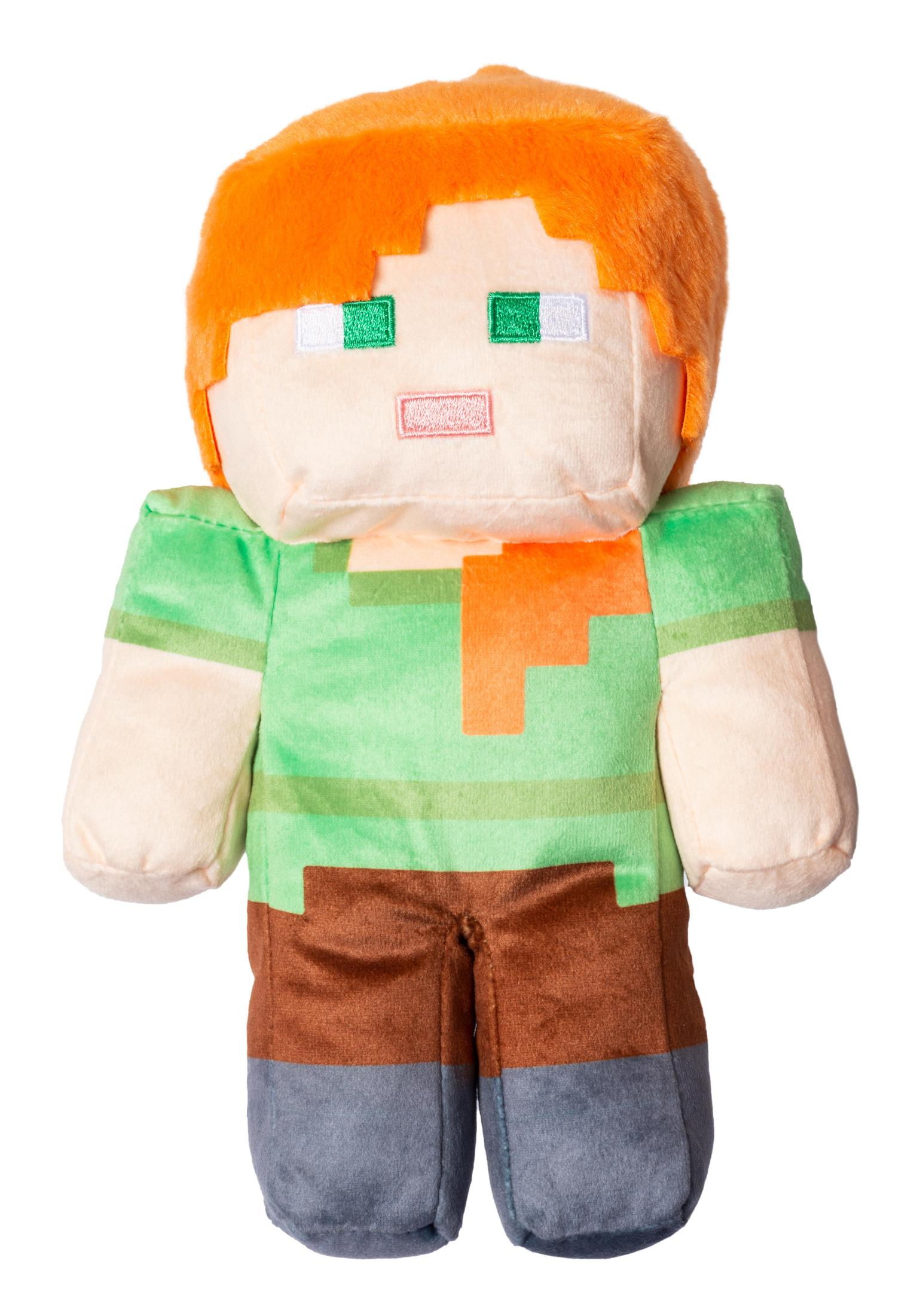 Minecraft Alex Plüschtier. Alex hat orangefarbene Haare, ein grünes Hemd, braune Hosen und neutrale Haut.