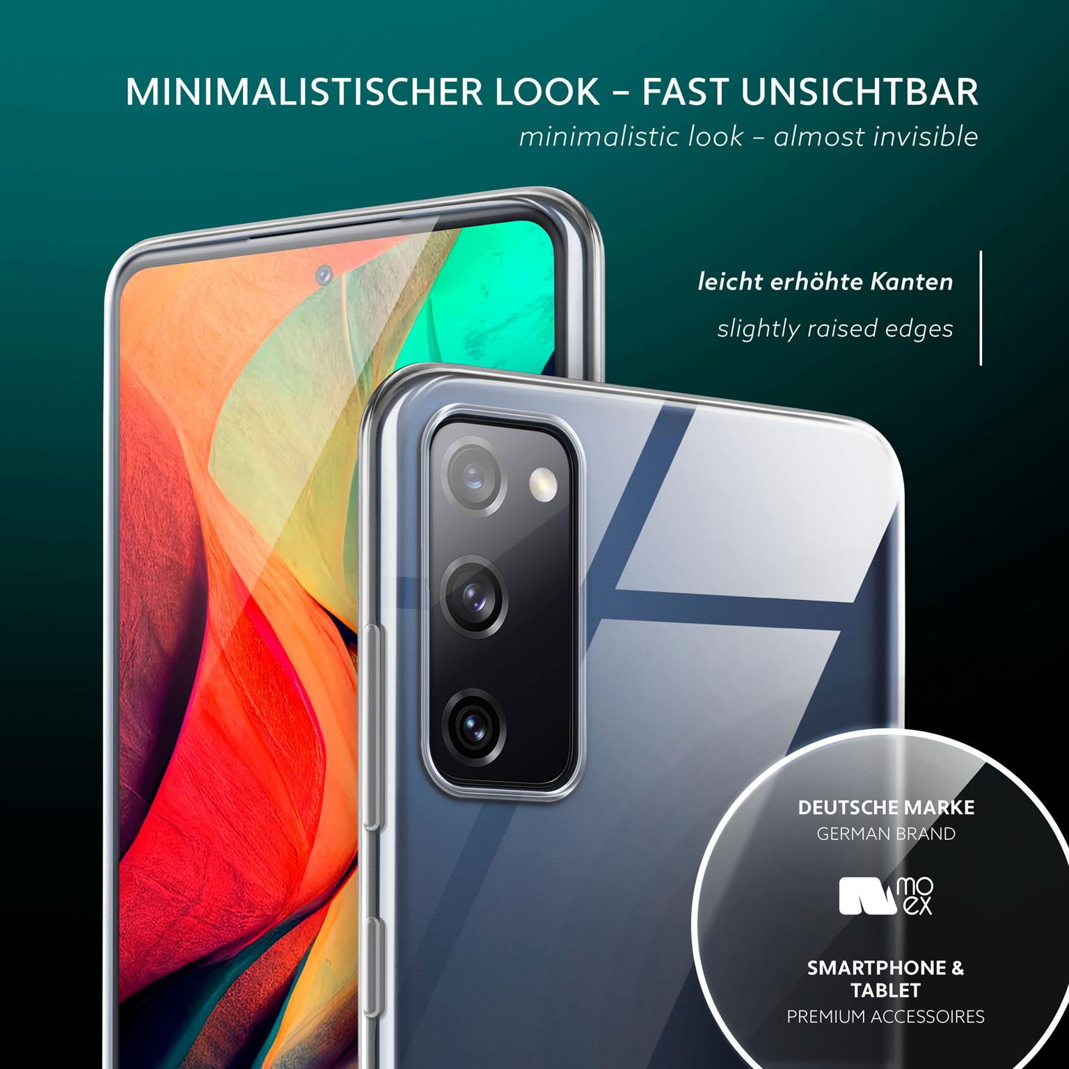 Ein Smartphone in einer Hülle, mit transparentem Rücken, der das Design des Telefons zeigt.