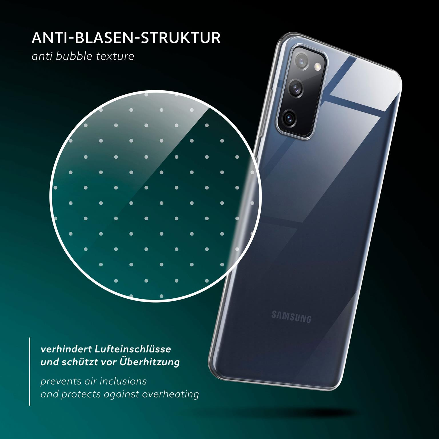 Transparente Handyhülle auf einem schwarzen Handy. Eine Blasenstrukturgrafik wird mit dem Text: Anti-Blasen-Struktur angezeigt.