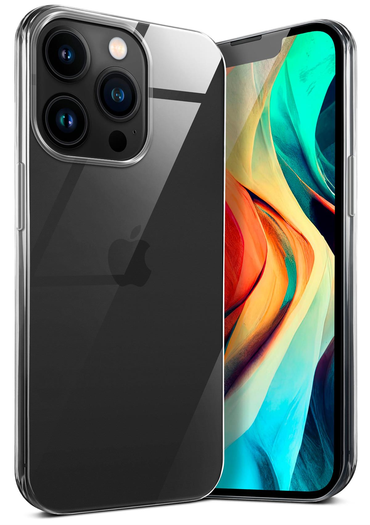 Eine transparente Handyhülle auf einem iPhone, die die Kamera und das Apple-Logo zeigt.