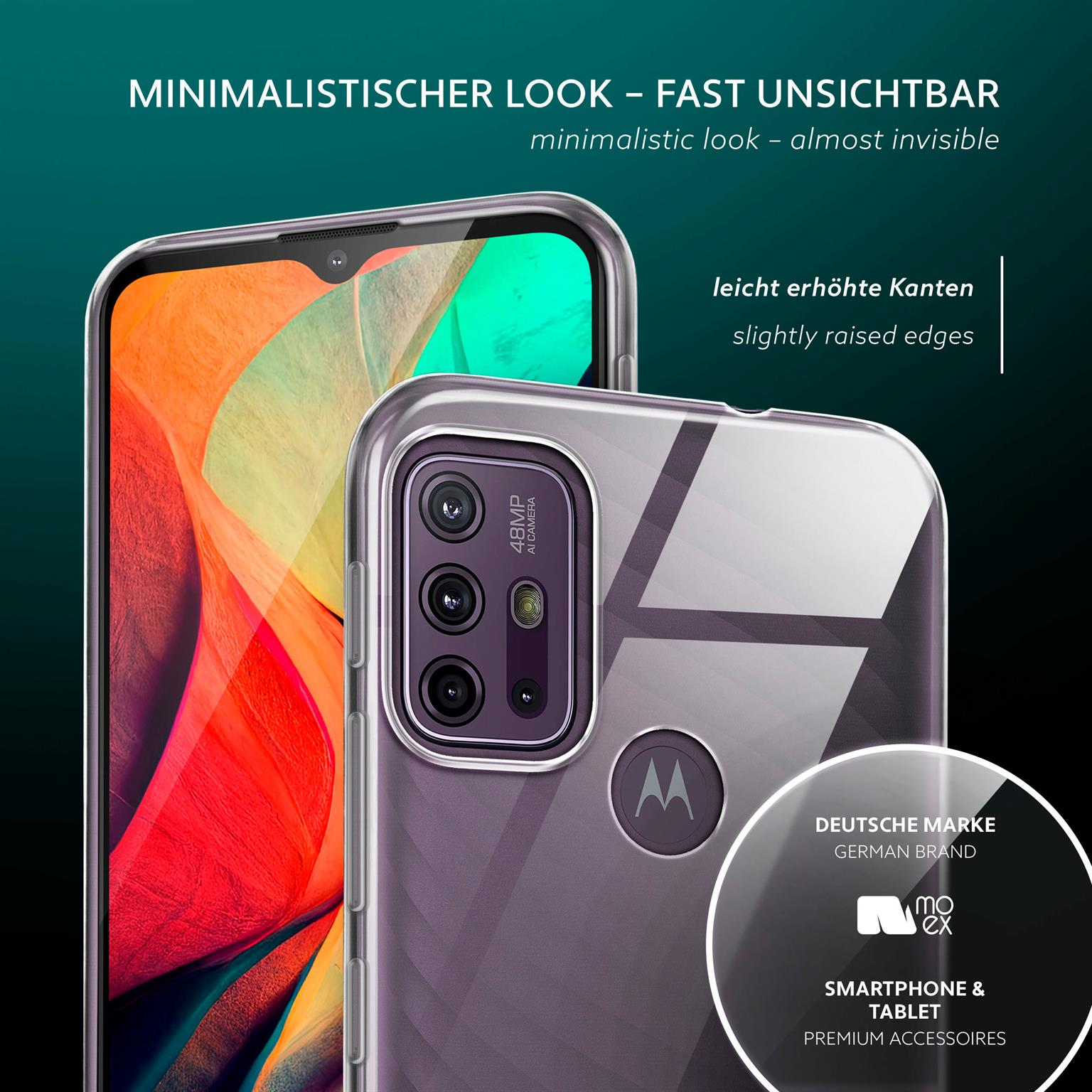 Transparente Handyhülle auf einem Handy, Rückseite, erhöhte Kanten, minimalistisch.