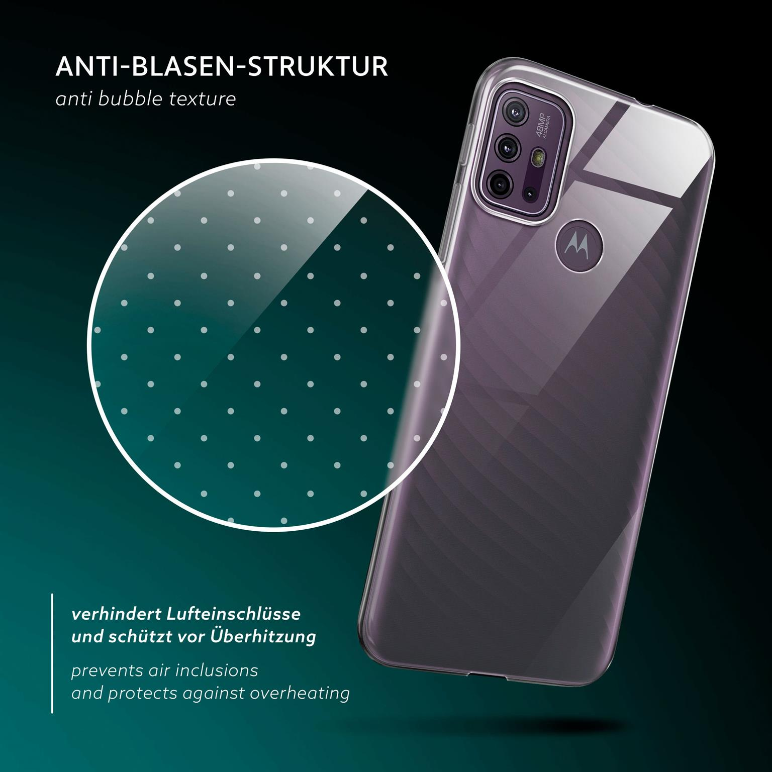 Eine Handyhülle, die die Rückseite eines Telefons mit Kamera und Text zeigt: Anti-Blasen-Textur.