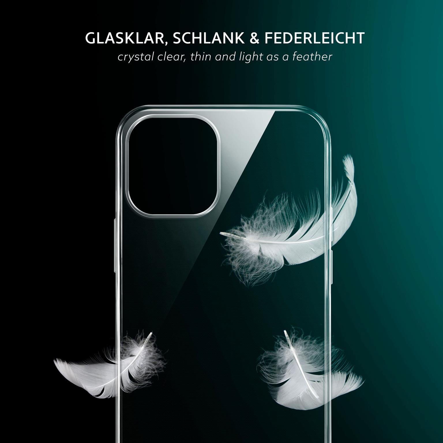 Eine transparente Handyhülle mit weißen Federn, die auf dunklem Teal-Hintergrund schweben.
