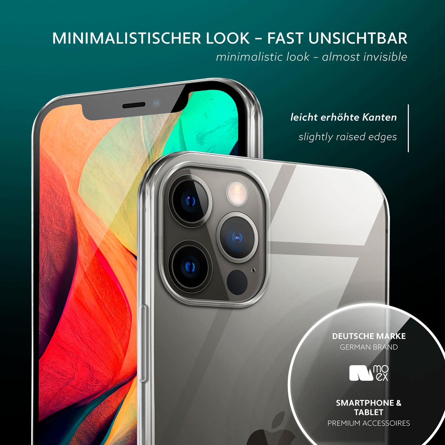 Eine transparente Handyhülle auf einem Telefon, Apple-Logo sichtbar. Deutsche Marke.