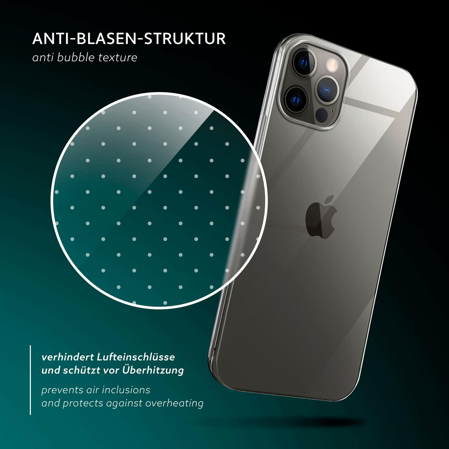 Eine transparente Handyhülle mit einem Vergrößerungskreis, der eine Anti-Blasen-Struktur zeigt, neben einem Telefon.