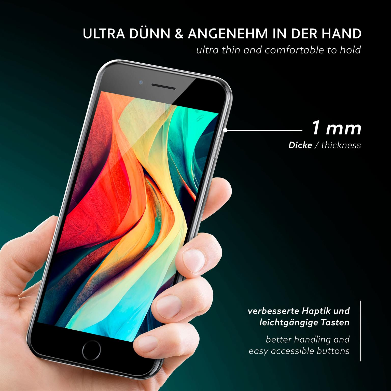 Eine Hand hält ein Telefon mit transparentem Gehäuse, die Dicke von 1 mm wird gezeigt.
